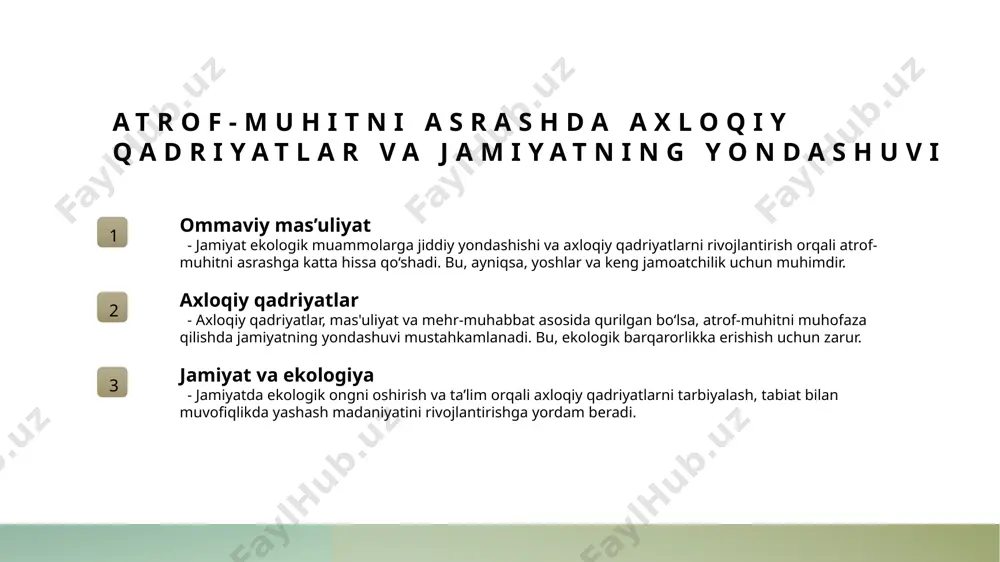 atsion va amaliy loyihalar, ekologik tadbirlar va seminarlar yoshlarning e’tiborini tortadi va faolligini oshiradi. hamkorlik va jamiyat ta’lim muassasalari, davlat va nodavlat tashkilotlar hamkorligida ekologik dasturlarni amalga oshirish, keng jamoatchilikni ekologik mas’uliyatga jalb etadi. hududiy va milliy darajada ekologik barqarorlikni qo’llab-quvvatlash 1 hududiy va milliy darajada ekologik barqarorlikni qo’llab-quvvatlash - hududiy va milliy darajada ekologik barqarorlikni ta’minlash uchun hukumatlar, jamiyatlar va tashkilotlar o’rtasida samarali hamkorlik va strategiyalar muhimdir. 2 qonunlar va siyosatlar - qonunlar va siyosatlar ekologik muhofaza qilishni mustahkamlash, atrof-muhitni saqlash uchun muhim asos bo’lib, ularni joriy etish va nazorat qilish barqaror rivojlanishni ta’minlaydi. 3 jamoat ishtiroki - mahalliy aholining ekologik mas’uliyatini oshirish va ularni faol ishtirokini rag’batlantirish, ekologik muammolarga yanada samarali yechimlar topishga yordam beradi. xulosa 1 tabiatga hurmatning madaniy va tarixiy ildizlari o'zbekiston madaniyatida tabiatga hurmat an'anaviy qadriyatlar va diniy e'tiqodlar bilan bog'liq bo'lib, bu qadriyatlar avloddan-avlodga o'tib, muhim ahamiyat kasb etadi. 2 yoshlarning ekologik ongini rivojlantirish …
