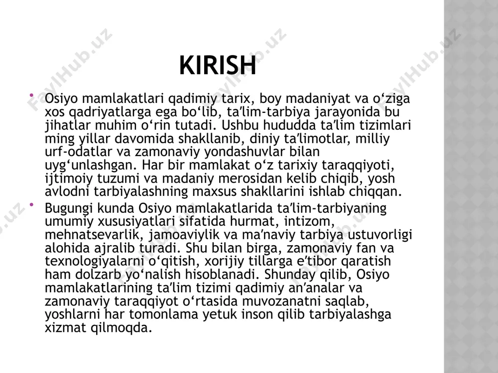 llik majburiy maktab taʼlimi; oliy taʼlimga kirishda milliy imtihon — gaokao asosiy o‘rin tutadi. taʼlim mazmuni: matematika, fan, til va adabiyotga katta eʼtibor, ingliz tili keng o‘qitiladi. tarbiya tamoyillari: hurmat, intizom, mehnatsevarlik va jamoaviylikni shakllantirish. axloqiy tarbiya: konfutsiy g‘oyalari asosida halollik, odoblilik va jamiyat manfaatiga xizmat qilish targ‘ib qilinadi. zamonaviy yo‘nalishlar: stem (fan, texnologiya, muhandislik, matematika), sunʼiy intellekt va onlayn taʼlim rivojlanmoqda. yaponiya yaponiya qadimiy tarix va boy madaniyatga ega mamlakat.taʼlim-tarbiya tizimi anʼana va zamonaviylik uyg‘unligiga asoslangan.jamiyatda intizom, hurmat va jamoaviylik muhim o‘rin tutadi.zamonaviy texnologiyalar bilan bir qatorda milliy qadriyatlar saqlab qolingan. yaponiyada taʼlimning tarixiy asoslari qadim davr: buddizm va sintoizm taʼlimga kuchli taʼsir ko‘rsatgan. tokugava davri (1603–1868): maktablarda savodxonlik, axloq va mehnat odoblari o‘qitilgan. meiji islohoti (1868–1912): g‘arbiy taʼlim tajribasi joriy qilinib, fan va texnika rivojlantirilgan. bugungi davr: qadimiy axloqiy qadriyatlar zamonaviy ilm-fan bilan uyg‘unlashgan. yaponiyada taʼlim va tarbiya taʼlim tizimi: 9 yillik majburiy maktab; oliy taʼlim keng rivojlangan. …