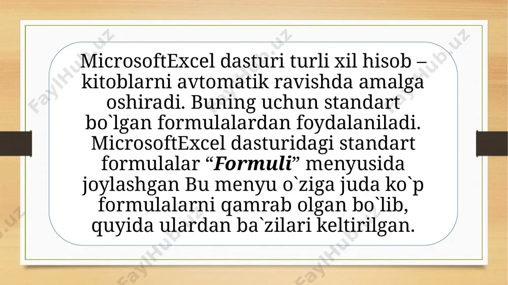 i. ro`yxatlar ustida quyidagi amallarni o`tkazish mumkin: - izlash; - saralash; - yakunlash; - ro`yxatdagi ma`lumotlarni filtrlash. excel da saralash uchun quyidagilar ishlatiladi: - agar saralashtirish bir ustun bo`yicha qilinayotgan bo`lsa, bu ustunning bir xil ma`nodagi qatorlarining avvalgi tartibi saqlanadi; -ustundagi tartiblashtirishda hosil bo`layotgan qatorning bo`sh yacheykalari tartiblashtirilgan ro`yxatning oxirida joylashadi. elektron jadvallar hayotning har xil sohasida uchraydigan, avvalambor hisoblash va iqtisodiy masalalarni yechishda, jumladan, berilganlarni tez oʻzgartirib turuvchi masalalarni tezkor ravishda qayta ishlab chiqishda, masalan, bank hujjatlari bilan ishlash kabi keng koʻlamli masalalarni yechishda qoʻllaniladigan oʻta quvvatli vosita hisoblanadi. image7.png image8.png image9.png image10.png image11.png image3.png image4.png /docprops/thumbnail.jpeg