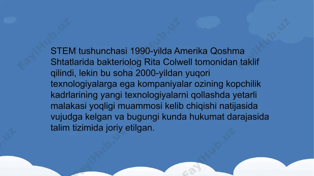 shakllandi. xulosa qilib aytganda, shuni takidlashni istardikki, ananaviy oqitish uslublari bilan taqqoslaganda, orta maktabdagi steam yondashuvi bolalarni tajribalar otkazishga, modellar tuzishga, mustaqil ravishda musiqa va filmlar yaratishga, oz goyalarini haqiqatga aylantirishga va yakuniy mahsulotni yaratishga undaydi. ushbu talim yondashuvi bolalarga nazariya va amaliy konikmalarni samarali tarzda birlashtirishga imkon beradi va universitetga kirish va keyingi oqishni osonlashtiradi. 5 steam talimining muhimligi steam- kundalik hayotning ilmiy-tadqiqot, texnika taraqqiyoti konsepsiyalari bilan talimning integrativ yondashuvini taqazo etadi. bunday yondashuvdan maqsad - talim berish orqali butun dunyo taraqqiyoti va iqtisodiyotining barqaror rivojlanishini taminlashda maktab, jamoatchilikni jalb qilib, ilmiy savodxonlik, raqobatbardoshlikni targib qilishga qaratilgan. hozirgi kunda yangiliklar, yuqori texnikaviy-texnologik innovatsiyalar, malumotlar oqimining osib borishi hayotning barcha jabhalarida tortinchi texnologik inqilobni yuzaga keltirmoqda. shaxsning qiziqishlari va jamiyatning talablari ozgarmoqda. 6 steam yondashuvining asosiy xususiyati bunda oquvchilar kopchilik fanlarni samarali organishda aqli hamda qollaridan foydalanishadi, bilimlarni mustaqil egallashadi. oquvchilar oquv mashgulotlarida tajribalar otkazishadi, modellarni konstruksiyalaydi, musiqa va filmlarni …