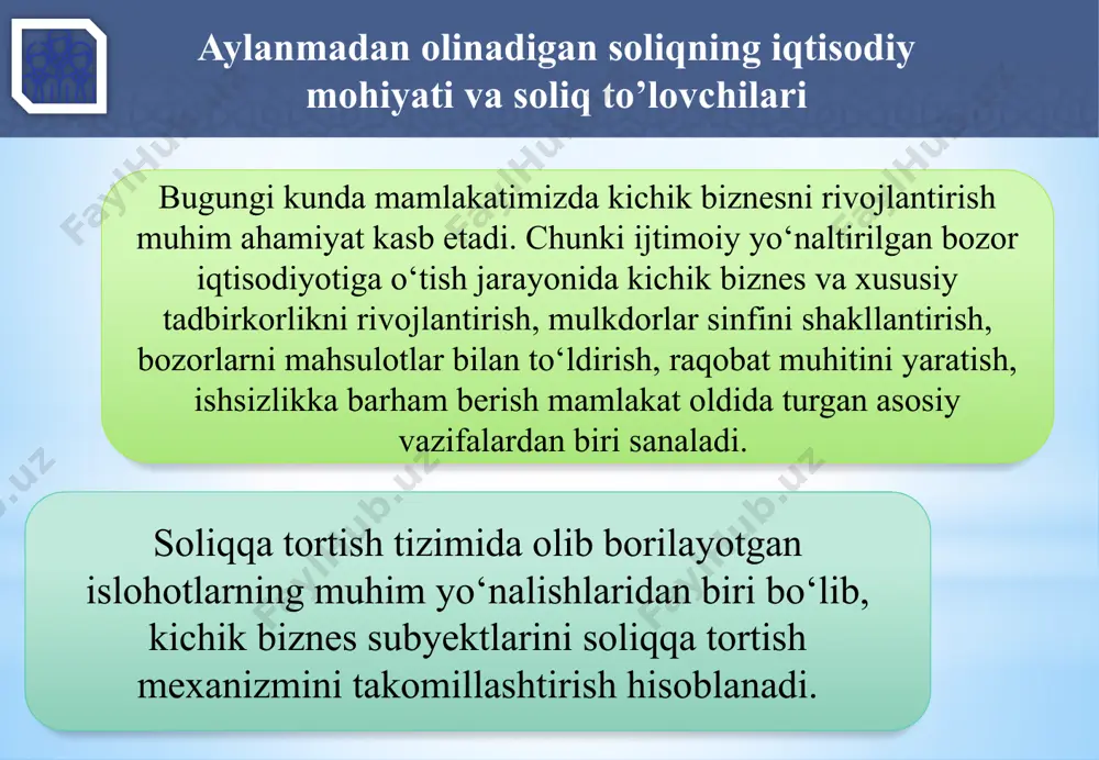 hi yuridik shaxslarga; 5. lotoreyalarni tashkil etish bo’yicha faoliyatni amalga oshiruvchi yuridik shaxslarga; 6. oddiy shirkat ishlarini yuritish o’z zimmasiga yuklatilgan ishonchli shaxsga — oddiy shirkat shartnomasi doirasida amalga oshirilayotgan faoliyat bo’yicha; 7. 8. bo’sh turgan binolar, yashash uchun mo’ljallanmagan inshootlar va qurilishi tugallanmagan ob’ektlar, shuningdek foydalanilmayotgan ishlab chiqarish maydonlarining mulkdori bo’lgan yuridik shasxlarga, ulardan samarasiz foydalanilayotganligi bo’yicha qonunda belgilangan tartibda xulosa kiritilganda; markazlashtirilgan moliyalashtirish manbalari hisobidan ob’ektlarni (joriy va kapital ta’mirlash bundan mustasno) qurishni bajaruvchi yuridik shaxslarga. aylanmadan olinadigan soliqning iqtisodiy mohiyati va soliq to’lovchilari aylanmadan olinadigan soliq quyidagilarga nisbatan tatbiq etilmaydi: 9 9. alkogol mahsulotlari, shu jumladan pivoni chakana sotish bo‘yicha turg‘un savdo shaxobchalariga; 10. bozorlarga va savdo komplekslariga; 11. soliq maslahatchilarining tashkilotlariga; 12. 13. auditorlik tashkilotlariga; notijorat tashkilotlariga, shu jumladan budjet tashkilotlariga. aylanmadan olinadigan soliqni qo’llashning o’ziga xos xususiyatlari soliq to‘lovchilar qo‘shilgan qiymat solig‘i va foyda solig‘ini to‘lash o‘rniga aylanmadan olinadigan soliq (bundan buyon ushbu bo‘limda soliq …