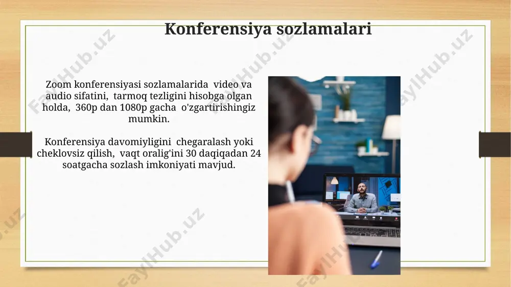 a ishtrokchilar uchun yaxshiroq ko'rish tajribasini ta'minlaydi. bu video va prezentatsiyalar uchun muhimdir. ekran ulashish funksiyasi yig'ilish ishtirokchilarining soniga bog'liq holda, 1-30 sekund ichida kechikish bilan ishlaydi. tarmoq tezligi bu vaqtga ta'sir qiladi. zoom platformada konferensiya yaratish konferensiya davomida ekranni baham ko'rish, annotatsiya qilish, so'rovnomalar o'tkazish kabi 20 dan ortiq interaktiv vositalardan foydalanishingiz mumkin. zoom platformida konferensiya yaratishda, ishtirokchilar soni 1000 kishigacha bo'lgan bepul reja mavjud, lekin qo'shimcha xususiyatlar va kengaytirilgan funksiyalar uchun pullik obunalar talab etiladi. zoom hisobini sozlash webinarlar uchun ro'yxatdan o'tish shaklini sozlashda, qatnashchilarning ismlarini, elektron pochta manzillarini va boshqa kerakli ma'lumotlarni 5 ta maydonga qo'shishingiz mumkin. zoom yig'ilishlaringiz uchun fon rasmlarini va virtual fonlarni tanlash imkoniyati mavjud, bundan tashqari 30 dan ortiq turli xil fonlarni yuklab olishingiz mumkin. e'tiboringiz uchun rahmat @taqdimot_robot image7.jpg image8.jpg image9.jpg image10.jpg image11.jpg image12.jpg image13.jpg image14.jpg image15.jpg image16.jpg image17.jpg image18.jpg image19.jpg image20.jpg image21.jpg image22.jpg image3.png image4.png