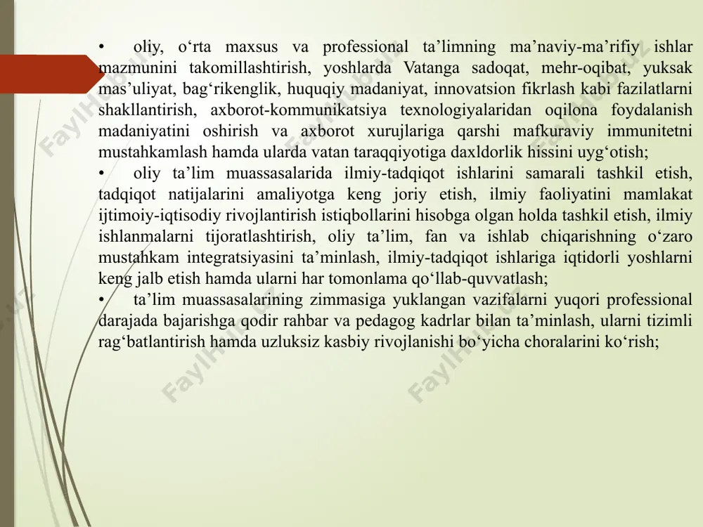 lamoqda, ularning 73 foizi oliy ma'lumotlidir. mehnat bozorini, eng avvalo qishloq joylarda mehnat bozorini shakllantirishning xududiy xususiyatlarini hisobga olgan holda hunar-texnika ta'limini qayta tashkil etishga kirishildi. hozirgi kunda bu tizimda jami 221 ming kishini ta'lim bilan qamrab olgan 442 o'quv yurti, shu jumladan, 209 kasb xunar maktabi, 180 kasb-xunar liseyi va 53 biznes maktab ishlab turibdi. bugungi kunda boshlang'ich kasb-xunar ta'limi o'quv yurtlarida qariyib 20 ming o'qituvchi va malakali mutaxassislar ishlamoqda. respublikada jami 197 ming kishi ta'lim olaѐtgan 258 o'rta kasb hunar ta'limi o'quv yurti ishlab turibdi. ularda kariyb 16 ming o'qituvchi va muxandis-pedagog xodimlar mehnat qilmoqda. o'zbekiston oliy maktabi tizimi 58 oliy o'quv yurtini, shu jumladan 16 universitet va institutni o'z ichiga oladi, ularda 164 ming talaba ta'lim olmoqda; 16 universitetning 12 tasi o'zbekiston mustaqillikka erishgan dastlabki ikki yilda tashkil topdi. oliy o'quv yurtlarida ishlaѐtgan 18,5 ming o'qituvchining 52 foizi fan doktori va nomzodlaridir. oliy ta'lim kadrlar tayѐrlashni huquqiy …