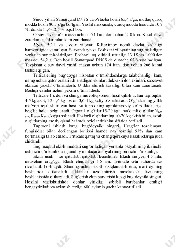 di. tup qalinligi kam bo‘lganda tuplanish kuchayadi. tritikale asosan o‘zidan changlanadi, ammo havo issiq, quruq bo‘lganda chetdan changlanishi ham kuzatiladi. o‘zbekistonda navlar, ekish muddatlari, qo‘llanilgan agrotexnikaga bog‘liq holda o‘sish davri 220-250 kunni tashkil qiladi. kuzgi tritikale, kuzgi bug‘doyga nisbatan 5-10 kun kech yetiladi. namlikka talabi. namlikka talabchan. yetarli issiqlik, havo bo‘lganda urug‘lari o‘z og‘irligiga nisbatan 55-60 % namlikni yutib una boshlaydi. o‘simlikning namlikka eng talabchan davri naychalashdan donning to‘lishigacha. o‘suv davrida tuproqda namlik tuproq cheklangan dala nam sig‘imining 70-75 % dan kam bo‘lmasligi kerak. tuproqqa talabi. o‘zbekiston sharoitida tritikale bo‘z, o‘tloq-bo‘z tuproqlarda o‘sadi. mexanik tarkibi yengil, qumoq qumloq tuproqlar ham tritikale yetishtirish uchun qulay. faqat botqoqlashgan og‘ir hamda sho‘r tuproqlar tritikale uchun yaroqsiz. tuproq muhiti ph 6-7 bo‘lishi ma’qul. navlari. prag serebristыy – bo‘yi 170-185 sm, tuplanishi 2,5-5. barglari umumiy massaning 42 % ni tashkil qiladi. barg uzunligi 25-40 sm, eni 2-3 sm. boshog‘i oq, 9-11 sm, zichligi 10 sm …