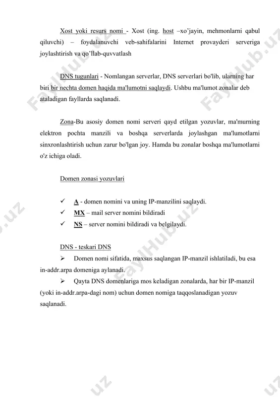 aqlangan ip-manzil ishlatiladi, bu esa in-addr.arpa domeniga aylanadi. · qayta dns domenlariga mos keladigan zonalarda, har bir ip-manzil (yoki in-addr.arpa-dagi nom) uchun domen nomiga taqqoslanadigan yozuv saqlanadi. dns serveri yordamida foydalanuvchiga taqdim etiladigan jarayon tasvirlangan user – foydalanuvchi; browser – saytni ochish dasturi (opera, mozilla, chrome); webserver – sayt va uning fayllarini saqlovchi hosting. topshiriq: har bir talaba cisco packet tracer dasturiy vositasi yordamida dns serverni ishlatishi va har bir olingan ma’lumot bo’yicha xulosalarni laboratoriya mashg’ulot olib boruvchi o’qituvchi moodle papkasiga yoki elektron pochta (fvxalilov@umail.uz) manziliga tashlab berish. qo’shimcha taklif va mulohazalar uchun (quyida faqat qalam bilan yozilsin) izoh qoldirishingiz mumkin: ______________________________________________________________________________________________________________________________________________________________________________________________________ __________________________________________________________________ __________________________________________________________________ image1.png image2.jpeg