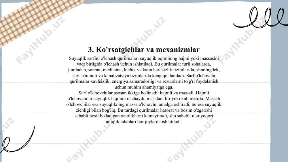 atni nazorat qilish, resurslarni samarali foydalanish va ma'lumotlarni tahlil qilish uchun muhim ahamiyatga ega. suyuqliklarning har xil xossalariga ko'ra, turli turlardagi o'lchovchi qurilmalar mavjud bo'lib, ularning asosiy vazifasi oqim tezligini, hajmini yoki massasini aniqlashdan iborat. o'lchovchi qurilmalar suyuqlikning oqimini bir xil sharoitlarda aniq va doimiy ravishda o'lchash imkonini beradi. o'lchovchi qurilmalar asosan quyidagi turlarga bo'linadi: mekanik, elektromagnit, ultratovush, kaltak, gorizontal va burun tipidagi qurilmalar. mekanik qurilmalar o'zlarining mexanik elementlari orqali suyuqlik oqimini o'lchaydi. ularning ichiga suv oqimining tezligini o'lchash uchun ishlatiladigan tarozilar kiradi. image1.jpg image2.png image3.png /docprops/thumbnail.jpeg
