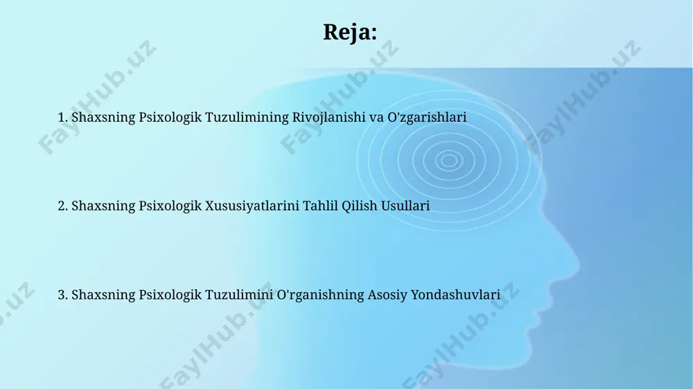 uruhlarda ularning namoyon bo'lish xususiyatlarini o'rganish zarur. psixologik himoya mexanizmlari repressiya mexanizmi, psixologik travmadan keyin, taxminan 70% hollarda kuzatilib, insonning xotirasidan yoqimsiz voqealarni olib tashlashga qaratilgan bo'lib, aqsh tadqiqotchilari bu mexanizmning salbiy oqibatlarini keng o'rganishgan. proyeksiya mexanizmi, o'zining salbiy xis-tuyg'ularini boshqalarga yuklash orqali namoyon bo'lib, masalan, 20% hollarda qo'rqinchni boshqalarga nisbatan tajovuz sifatida namoyon qilishi mumkin, bu esa germaniya olimlarining kuzatishlariga asoslanadi. his-tuyg'ular va ularning ifodasi kognitiv-xulq terapiyasi (kxt) hissiy-tuygʻularni boshqarish va ifoda etishda samarali hisoblanadi, 80% hollarda (amerika va yevropa tadqiqotlari asosida) ijobiy natijalar kuzatiladi. hissiy regulyatsiya mexanizmlarining 3 ta asosiy turi mavjud bo'lib, ularning samaradorligi individual farqlarga (masalan, stress darajasi va 20 yoshdan oshgan shaxslarning tajribasi) bog'liq. qobiliyatlar va iste'dodlar qobiliyatlar va iste'dodlarni aniqlashda psixometrik testlar, masalan, 15 yoshdan oshganlar uchun mo'ljallangan stanford-binet testi, intellektual ko'rsatkichlarni va 20 ga yaqin turli qobiliyatlarni aniqlash imkonini beradi. qobiliyatlarning rivojlanishi 5 omil modeli (oppenheimer, 2003) asosida, individualning xotira, mantiqiy fikrlash va …