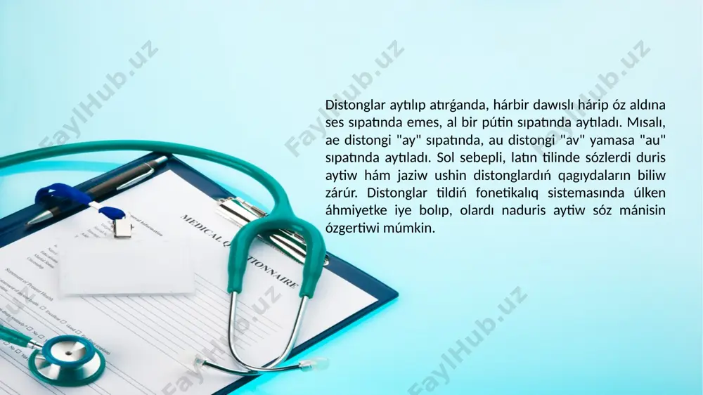 úylestiriwge járdem beredi. latın tilinde hárip dizbeklerin naduris jaziw yamasa aytiw sózdi túsiniwdi qıyınlastıradı, bul ásirese kesellik atamaları hám anatomiyalıq atamalarda unamsız tásir kórsetedi. sol sebepli, hárip dizbekleriniń durıs qollanılıwı medicina tarawında anıqlıqtı támiyinlew ushın áhmietli. hárip dizbekleri arqalı studentler sózlerdi anıq oqıwdı úyrenedi, aytılıwdaǵı qáteler azayadı hám medicina terminologiyasındaǵı professional mánisti saqlaw múmkin boladı. ámeliy shınıǵıwlar menen olar hárip dizbekleriniń aytılıw hám jazıwdaǵı rolin bekkemlewi múmkin, bul bolsa sózlerdi túsiniw hám qollanıwdı ańsatlastıradı. distong hám digraflar medicina terminologiyasında sózlerdiń duris aytılıwı hám jazılıwın támiyinlew ushin qollanıladı. shıpakerler hám studentler paediatria, phalanx, thorax sıyaqlı sózlerdi nadurıs sóylemewi kerek, sebebi bul nawqas penen sóylesiw hám diagnostika procesinde anıqlıqtı saqlawǵa járdem beredi. durıs sóylew kásiplik jumısta qáteliklerdiń aldın aladı hám sózlerdiń mánisin tolıq túsiniwge imkaniyat beredi. 4. distong hám digraflardıń medicina terminologiyasında ámeliy qollanılıwı. ámeliy qollanıwda distong hám digraflar studentlerge sózlerdi duris oqiwdi úyretedi. shınıǵıwlar arqalı studentler hár bir distong hám digraftı …