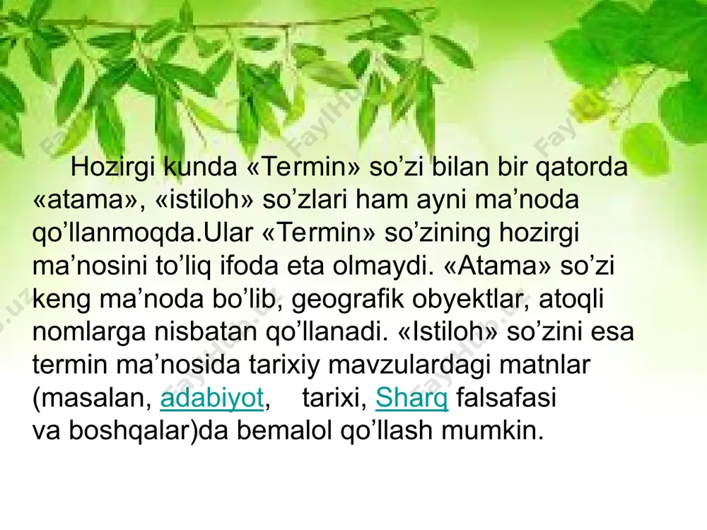 gan tuproqlarda o’sadigan o’simliklar, asosan, sho’radoshlar oilasiga mansub turlar. psixrometr- ( yunoncha psychros- sovuq, metreo- o’lchayman ) – havo namligini o’lchanadigan asbob. tayfun- ( xitoycha tayfin- katta shamol) – uzoq sharqda tropik quyunlarda ro’y beradigan dovullar. lakkolit- ( lotincha lakkos- chuqurlik, litos- tosh, ya’ni chuqurdagi tosh ) – uncha chuqur bo’lmagan yer qatlamlar orasida qotib qolgan magmatik tog’ jinslari. har bir tilda bo'lganidek, o'zbek tilida ham u yoki bu tushunchani ifodalash uchun bir qancha usullardan foydalaniladi. professor ayub g 'ulomovning qayd etishicha, o'zbek tilida so'z yasashning besh usuli mavjud. bular quyidagilar: 1. morfologik yo‘l bilan yasash (qo’shimchalar). 2. sintaktik yo‘l bilan yasash (reduplikatsiya, kompozitsiya). 3. leksik yo’l bilan yasash (bir turkumdagi so'zni boshqa turkumga ko ’chirish bilan yasash). 4. semantik yo‘l bilan yasash. 5. fonetik yo‘l bilan yasash (ichki o‘zgarishlar yo'li bilan yasash). olib borilgan terminologik tadqiqot natijalaridan shu narsa ayonki, u yoki bu terminologik sistemada so ‘z yasash yo'llarining …
