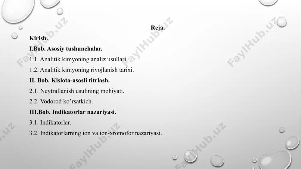 an fanlar — mineralogiya, geologiya, tiziologiya, mikrobiologiya, shuningdek, tibbiyot, agronomiya va texnika fanlari amaliyotida ham muhim rol ro‘ynaydi. biror jihati asosida kimyoviy hodisalar bilan bog'iangan ilmiy tekshirish ishlarida analitik kimyo usullaridan foydalanishga to‘g‘ri keladi. analitik kimyoga oid masalalarni kimyoviy, fizikaviy va fizik-kimyoviy usullar bilan ham hal qilish mumkin. bu usullar tobora rivojlanmoqda va takomillashmoqda. sifat analizida kimyoviy usullar bilan ish ko'rilganda topilishi lozim bo'lgan element yoki ion o‘ziga xos xossaga ega biror birikmaga aylantiriladi va ayni birikma hosil bo'lganligi o‘ziga xos xususiyatlar orqali bilib olinadi. bunda sodir bo‘ladigan kimyoviy o‘zgarish analitik reaksiya, bu reaksiyaga sabab bo‘lgan modda esa reagent (reaktiv) deyiladi. analitik kimyoning amaliy usullari qadim zamonlardan, ba’zi tabiiy birikmalami ularning xususiyatlariga qarab aniqlashdan boshlangan. lekin u ilmiy fan sifatida, asosan xvii asrning o‘rtalarida, r. boyl fanga kimyoviy element haqidagi tushunchani kiritgandan keyin rivojlandi. r. boyl ma’lum bo‘lgan sifat reaksiyalarning hammasini tartibga soldi va o‘zi bir necha reaksiyani tavsiya qilib …