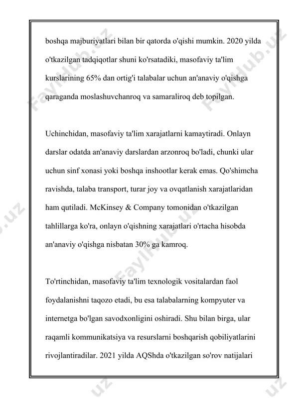 oursera**: coursera onlayn kurslar va sertifikatlar taklif etuvchi platforma bo‘lib, universitetlar va tashkilotlar taqdim etgan kurslarni o‘z ichiga oladi. coursera’ning yigirilishi orqali dunyo bo‘ylab 77 milliondan ortiq foydalanuvchilar bilimlarni oshirish imkoniyatiga ega bo'lishdi. 6. **edmodo**: edmodo o‘qituvchilar, talabalar va ota-onalarga onlayn tarzda muloqot qilish imkoniyatini beradi. platforma mustahkam xavfsizlik choralariga ega bo‘lib, turli vazifalar va testlar tashkil etishga imkon beradi. 2018-yilda edmodo 86 milliondan ortiq foydalanuvchilar bilan kengashgan edi. 7. **blackboard**: blackboard masofaviy ta'lim platformasi akademik resurslarni baham ko‘rish uchun keng qo‘llaniladi. dunyo bo‘ylab rasmiy ta’lim tizimlarida blackboard ko‘plab universitetlar va maktablar tomonidan ishlatiladi va bir milliondan ortiq muassasa foydalanuvchisi bor. 8. **khan academy**: khan academy ta'lim islohotiga hissa qo‘shuvchi bepul onlayn platforma bo‘lib, o‘zini-o‘zi o‘rganish va myloniy olishni qo‘llab-quvvatlaydi. uning ma’lumotlari jumladan, 2020-yilda pandemiya davrida 20 milliondan ortiq o‘quvchi xizmatlardan foydalangan. 9. **udemy**: udemy turli sohalarda onlayn kurslar taklif etuvchi platforma bo‘lib, jahon bo‘ylab 40 milliondan ziyod talabalarga xizmat …