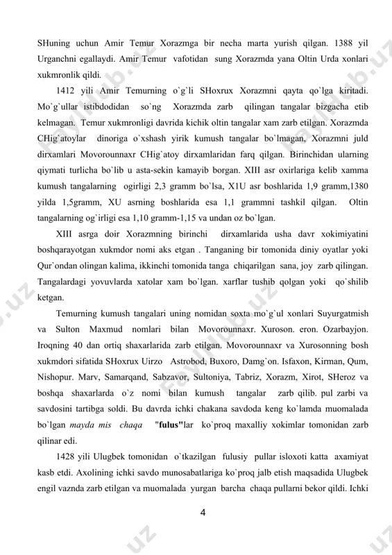 ng 40 dan ortiq shaxarlarida zarb etilgan. movorounnaxr va xurosonning bosh xukmdori sifatida shoxrux uirzo astrobod, buxoro, damg`on. isfaxon, kirman, qum, nishopur. marv, samarqand, sabzavor, sultoniya, tabriz, xorazm, xirot, sheroz va boshqa shaxarlarda o`z nomi bilan kumush tangalar zarb qilib. pul zarbi va savdosini tartibga soldi. bu davrda ichki chakana savdoda keng ko`lamda muomalada bo`lgan mayda mis chaqa "fulus"lar ko`proq maxalliy xokimlar tomonidan zarb qilinar edi. 1428 yili ulugbek tomonidan o`tkazilgan fulusiy pullar isloxoti katta axamiyat kasb etdi. axolining ichki savdo munosabatlariga ko`proq jalb etish maqsadida ulugbek engil vaznda zarb etilgan va muomalada yurgan barcha chaqa pullarni bekor qildi. ichki savdoni mayda mis pullarga bo`lgan talabini qondirish uchun bir vaqtning o`zida buxoro, samarqand, qarshi, termiz, toshkent. shoxruxiya va andijon shaxarlarida zarbxonalar tashkil qilinib bir xil vazndagi fuluslar zarb qilinib. muomalaga chiqarildi. mis pullarni zarbini markazlashtirish maqsadida boshqa shaxarlardagi zarbxonalarga barxam berilib.buxoro zarbxonasi saqlab qolingan. xalk orasida "fulusi adliya" ya`ni, "adolatli …