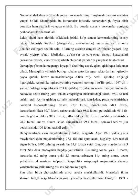 na shu tajribani ommalashtirishga mutlaqo e`tibor beril-madi. oqibatda qishloq xo`jaligi mahsulotlari hajmida ular-ning xissasi nihoyatda kam bo`ldi. buning asosiy sababi fer-mer xo`jaliklariga xizmat ko`rsatuvchi korxonalar yaxshi ishla-madi, bo`rdoqichilik bazasi sust rivojlandi, zotdor hayvon-larni ko`paytirish qoniqarsiz ahvolda, moddiy-texnika va pul mablag`lari bilan ta`minlash past darajada, agrotexnik va zoo-veterinariya xizmati ko`rsatish juda bo`sh tashkil etildi. keyingi 6 yil ichida investitsiya faoliyatida sezilarli o`zgarishlar ro`y berdi. kapital qurilishda korxonalarning mablaglari hisobidagi qurilishlar hajmi ko`payib, budjet mab-lag`ining qissasi kamaydi. bozor munosabatlariga o`tish sharoitida ishlab chiqarish korxonalari qurilishiga ajratilgan mablaglar noishlab chiqa-rish obyektlariga ajratilgan mablagga nisbatan ancha ko`p bo`ldi. masalan, 1995 yilda ishlab chiqarish korxonalari qurilishiga ajratilgan mablag` 61,2 foizni tashkil etgan bo`lsa, 1996 yilda bu 78 foizga yetdi. bir vaqtning o`zida noishlab chiqarish obyekt-lari uchun ajratilgan mablaglar miqsori 38,8 foizdan 22 fo-izgacha kamaydi. respublikada istiqlol yillarida tashqi iqtisodiy aloqa-larga ham katta e`tibor berildi. masalan, 1996 yildagi tash-qi savdo oboroti 228,4 mln. aqsh dollarini tashkil …