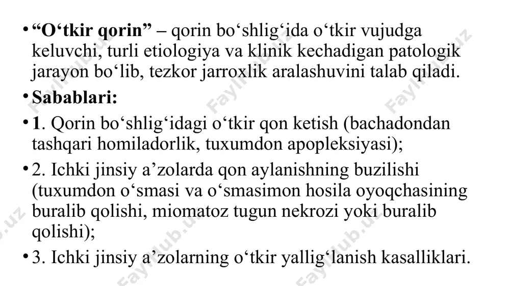 bhali va ehtimolli belgilar; 2-3 xaftada dardsimon og‘riqlar; kam miqdordagi qonli ajralmalar. nay yorilishi to‘satdan qorin pasida, to‘g‘ri ichakka beruvchi og‘riq. keskin xolsizlik, xushdan ketish, frenikus-simptom. taxikardiya, terini rangparligi naydagi xomiladorlikni rivojlanishda davom etishi kichik muddatli bachadondagi homiladorlik belgilari qiyosiy tashxis: tuxumdon apopleksiyasi: homiladorlik belgilari yo‘q, test-manfiy, belgilar hayz siklining o‘rtasi yoki 2-yarmida boshlanadi o‘tkir appenditsit: epigastri sohasida og‘riq boshlanib, pastga ko‘chishi; homiladorlik va ichki qon ketish belgilari yo‘q, shyotkin-blyumberg, sitkovskiy-rovzing, voskresenskiy-musbat; test-manfiy. tuxumdon o‘smasi oyoqchasini buralib qolishi: homiladorlik, ichki qon ketish, hayz siklini buzulish belgilari yo‘q. bachadon ortiqlarining yallig‘lanish kasalliklari: xaroratni ortishi, homiladorlik belgilar yo‘q, to‘lg‘oqsimon og‘riqlar yo‘q, qindan yringli ajralmalar bachadondan anomal qon ketish: homiladorlik belgilari yo‘q; ichki qon ketish belgilari yo‘q; test-manfiy. homiladorlikni o‘z-o‘zidan tuo‘shishi: ichki qon ketish belgilari yo‘q, laxtali, ko‘p miqdordagi qonli ajralmalar; qorin pardaning ta’sirlanish belgilari manfiy. uash taktikasi: birlamchi baholash: ps, ad, saturatsiya; kislorod ulash; v\iga 0,9% fiziologik eritma ulash; anamnez yig‘ish; transportirovka …
