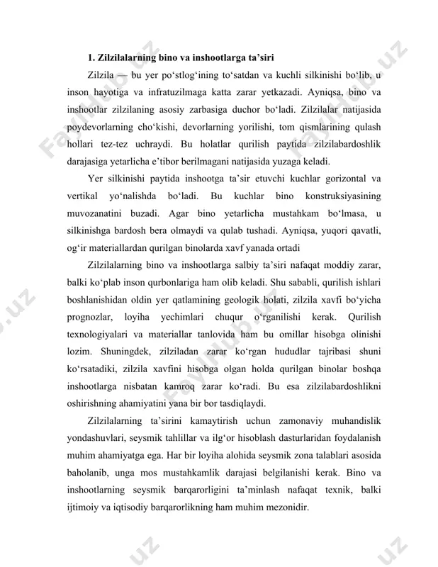 imallashtirish faqat puxta rejalashtirilgan, zamonaviy va ilmiy asoslangan yondashuvlar orqali amalga oshiriladi. 2. zilzilabardosh qurilish materiallari va texnologiyalari zilzilalarga bardoshli inshootlarni qurishda eng muhim omillardan biri — to‘g‘ri tanlangan qurilish materiallari va zamonaviy texnologiyalardan foydalanishdir. binoning seysmik barqarorligini ta'minlash uchun ishlatiladigan materiallar nafaqat mustahkam, balki elastik ham bo‘lishi lozim. bu esa ularning silkinish paytida sinmasligi, balki egiluvchanlik bilan yukni yengillashtirishiga yordam beradi. bugungi kunda zilzilabardosh qurilish materiallari sifatida armaturali beton, po‘lat konstruksiyalar, engil metall panellar va yuqori zichlikdagi g‘ishtlar keng qo‘llanilmoqda. masalan, po‘lat ramkali karkaslar inshootni egilishga, tebranishga va burilish kuchlariga nisbatan bardoshli qiladi. armaturali beton esa betonning mustahkamligi bilan temirning egiluvchanligini uyg‘unlashtirib, inshootning umumiy chidamliligini oshiradi. zamonaviy qurilish texnologiyalaridan esa “qattiq poydevor”, “suzuvchi asos”, “energiya yutuvchi amortizatorlar” kabi yechimlar eng ko‘p e’tiborga loyiqdir. bunday texnologiyalar binoning zilzila kuchidan keladigan zarbalarni o‘zida yutishini ta’minlaydi, bu esa inshootni qulab tushishdan saqlaydi. ayrim ilg‘or mamlakatlarda esa binolar tagiga maxsus seysmik izolyatorlar o‘rnatilib, …