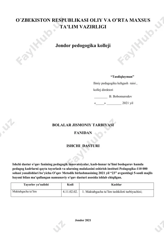 a 1 o’quv fani (moduli)ning maqsad va vazifalari, o’zlashtirish natijasi 2 o’quv fani (moduli)ning mashg’ulot turlari bo’yicha mavzular rejasi va mazmuni 3 amaliy mashg’ulot mavzulari 4 o’quv fani (moduli)ning moddiy-texnik ta’minoti 5 o’quv fani (moduli)ning o’zlashtirish darajasini nazorati va baholash 6 tavsiya etilgan adabiyotlar va saytlar ro’yxati o’quv fani (moduli)ning maqsad va vazifalari, o’zlashtirish natijasi · bolalar jismoniy tarbiya fanining asoslari haqida bilib oladi; · maktabgacha yoshdagi bolalar bilan badantarbiyani tashkil etishni va o‘tkazishni o‘rganadi; · jismoniy tarbiya mashg‘ulotlarini tashkil etadi va o‘tkazadi; · sayr, harakatli o‘yinlar tashkil etadi va o’tkazadi; · ochiq havodagi jismoniy mashqlarni tashkil etad va o’tkazadi; · ish beruvchining taklif va talablari asosida fanning o‘qitilishini inobatga oladi; · kasbiy ko‘nikmalarni egallash va pedagogik amaliyotda qo‘llaydi; o‘zlashtirilgan bilimlar bo‘yicha tajribalar o‘tkaza oladi, mustaqil ijodiy fikrlashga o‘rgatadi. fanning maqsadi va vazifalari maktabgacha yoshdagi bolalar jismoniy tarbiya ishlarini ishlari o‘quv fani o‘quvchilarga maktabgacha ta’lim tashkilotlarida ilk yoshdan boshlab to …