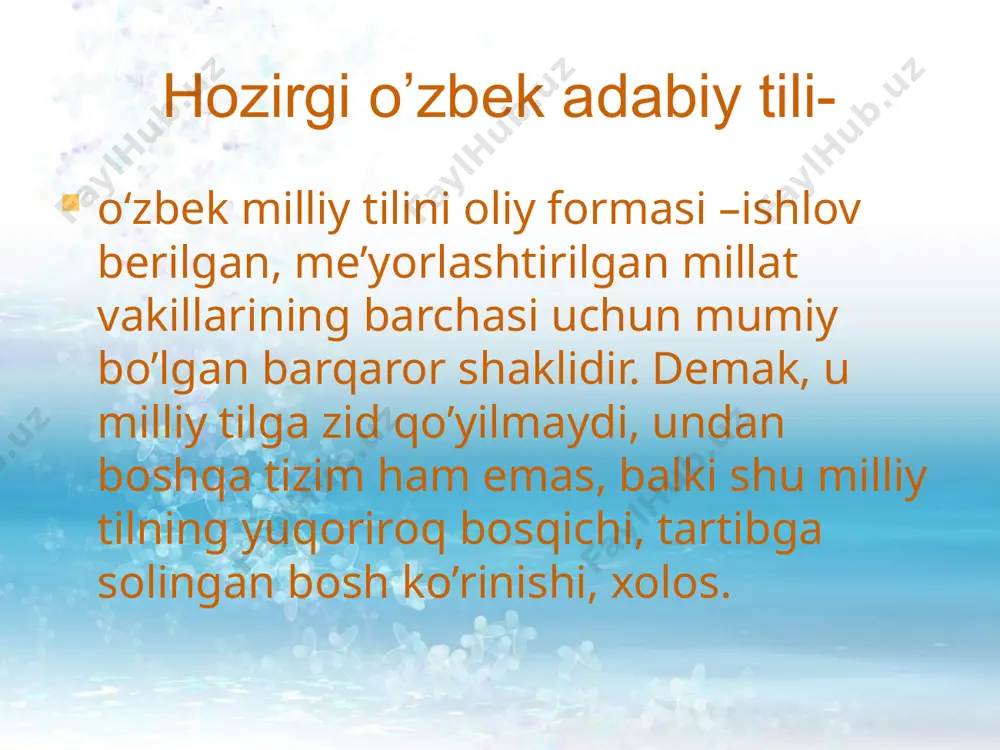 h uslubi. bu uslub ma’muriy-idoraviy hujjatlar tilini qoliplaydi 2. ilmiy uslub. ilmiy asarlar tilini va ilmiy nutqni qoliplaydi. 3.publisistik uslub. ommabop asarlar, ma’ruzalar tilini qoliplaydi. 4. so’zlashuv uslubi. bu uslubning ikki hil ko’riishi mavjud. a) adabiy so’zlashuv uslubi; b) oddiy (jonli) so’zlashuv uslubi. 5. badiiy uslub. bu uslub badiiy asar tilini va badiiy nutqini qoliplaydi. image1.jpeg /docprops/thumbnail.jpeg