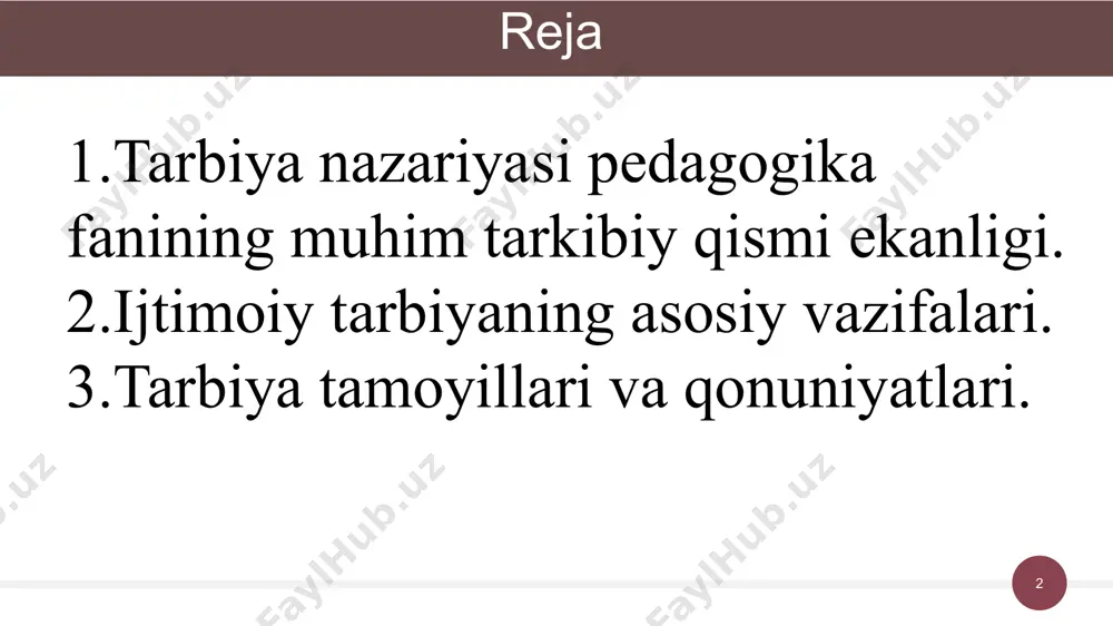 ’onaga ko’tarilsin. shu boisdan, har bir bolani yosh paytidanoq mehnat qilib, mehnatning tagi rohat ekanligini anglatish uchun daraxt ko’chati o’tqazishga, uy-ro’zg’or qurollari yasash, yerga ishlov berish va chorva bilan shug’ullanishga o’rgatilishi shart. 5 6 tarbiya jarayonining mohiyati va ahamiyati. alisher navoiy bolaning voyaga yetishida, kamol topishida tarbiyaning kuchi va qudratiga alohida e’tibor beradi. tarbiya natijasida bolaning foydali va yetuk kishi bo’lib o’sishiga ishonadi. yosh bolaning juda kichik yoshidan boshlab tarbiyalamoq zarur. tarbiya insonga o’zida yaxshi odat va fazilatlar xosil qilishga yordam beradi. u odam shaxsi kishilar bilan munosabatda, ayniqsa kishilarning bir – birlariga bo’lgan ruhiy ma’naviy ta’sirlari natijasida tarkib topadi deb voyaga yetkazishda asosiy omillardan biri tarbiya ekanligi uqtiradi. 6 7 tarbiya jarayonining mohiyati va ahamiyati. abu rayhon beruniy kundalik turmush masalalariga ham katta e’tibor bergan. har bir axloqan barkamol inson o'zining turmush tarzini uyg'un, go'zal eta oladi. uyg'unlik, go'zallik va nafosatning asosi sanaladi. beruniy insoniy xislatlardan muhimi - ozodlik, …