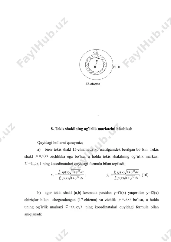 hish: guk qonuniga ko`ra kuch cho`zilishga va qisilishga proporsionaldir, ya`ni f=kx bunda k – proporsionallik koiffitsenti, x – cho`zilish yoki qisilish kattaligi. masalaning shartiga ko`ra, 15 kg. kuch prujinani qanchaga cho`zishini topamiz: 6kg ___________ 8 sm 15kg __________ x endi ekanligini e`tiborga olib, kuch tenglamasi (6) ga qo`ysak: demak, (4) formulaga binoan bajarilgan ish quyidagiga teng: a= bo`lishini (j (jaul) – birliklarning halqaro sistemasi sl dagi ish birligi) shuni hisobga olsak javob: a=14,715 (j) 5-masala. prujinani 5 sm. ga cho`zishda 3kg. ish bajariladi. agar 2 kg. ish bajarilsa, prujina qancha cho`ziladi? yechish: a= formuladan foydalanamiz. masala shartida berilgan barcha kattaliklarni sl birliklarda ifodalaymiz: xo=a=o, x1=b=5sm=0,05m, x2=? bu qiymatlarni (19) formulaga qo`ysak: bundan k=23544. javob: x2=0,0408 m 6-masala. suv to`ldirilayotgan idishning bir tomoni uzunligi 50 sm, balandligi 40 sm. suvning shu devorga bergan bosim kuchini toping. yechish. suyuqlikning bosim kuchini (5) formuladan foydalanib topamiz. masala shartiga ko`ra a=0, idish suv bilan …