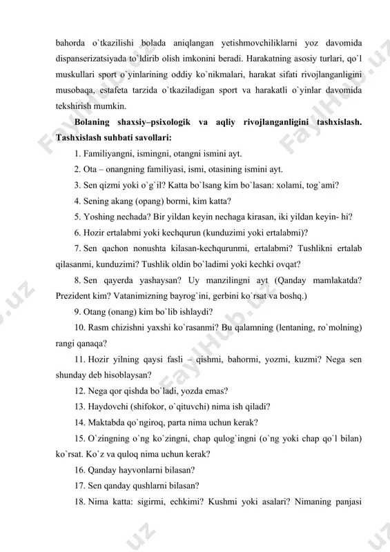gning, buvingning ish joylaridagi telefonlarning raqamini eslab ko`r… 22. agar ota-onang (kechqurun va dam olish kunlari) uyda yo`q bo`lsa – qayerda bo`lishi mumkin? 23. sen (katta do`konda, bozorda, hayvonot bogida, seni majburan olib ketganda, notanish ko`chada ko`p kishilik avtobusda, metroda va boshq.) adashib qolsang, bunday holatlarda nima qilgan bo`larding? kern-irasek uslubi bo`yicha tashxis o`tkazish. bolalarni tekshiruvdan o`tkazish 4 topshiriqdan iborat bo`lib, undan ko`zlangan maqsad ulardagi maktab uchun zarur bo`lan faoliyatlari rivojidagi, jumladan, bosh miya chanog`ini analitik va sintetik vazifalari, motorikalaridagi yetishmovchilikni aniqlash. kern-irasek metodi bo`yicha bolaning maktabda ta’lim olishga tayyorligi darajasini aniqlash alohida yoki 10-15 boladan iborat guruh bilan bir vaqtning o`zida olib borilishi mumkin. to`rtinchi topshiriq esa har bir bola bilan alohida, maxsus ajratilgan xonalarda ajratiladi. bolaga (yoki guruhdagi 10-15 bolaga) oddiy qog`ozdan toza bir varoq beriladi. qog`ozning yuqoridan o`ng burchagiga tadqiqot bilan qamrab olingan bolaning ismi, familiyasi, yoshi hamda tekshirish o`tkazilayotgan sana yozib quyiladi. ish qog`ozi tagiga qattiq …
