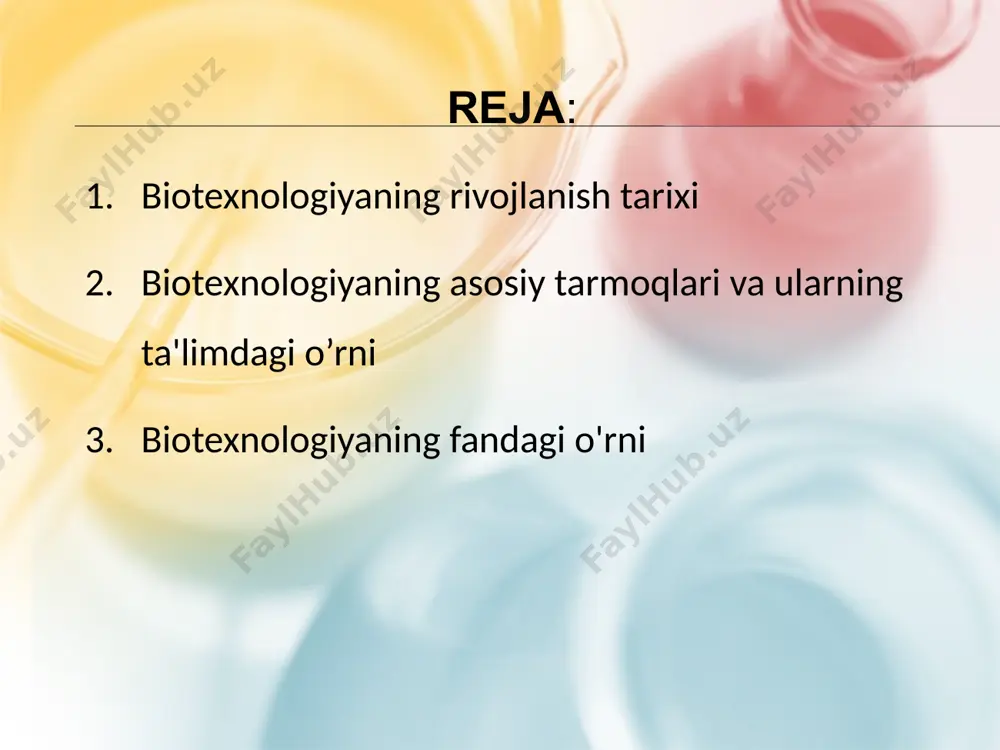 ologik jarayonlar) molekulyar biotexnologiya ekologik biotexnologiya agrar biotexnologiya biotexnologik dori-darmonlar ishlab chiqarish bioinformatika biotexnologiyaning asosiy tarmoqlari 6 biotexnologiyaning asosiy tarmoqlari va ularning ta'limdagi o’rni molekulyar biotexnologiya ta’limdagi o‘rni: molekulyar biotexnologiya genetik modifikatsiya, gen terapiyasi, rekombinant dnk texnologiyalari va boshqa molekulyar jarayonlarni o‘rganishga qaratilgan. o‘quv dasturlarida bu soha talabalarga genetik muhandislik, biologik texn, mikrobiologiya va bioinformatika biologiyalarasoslarini o‘rgatadi. mikrobiologiya va fermentatsiya biotexnologiyasi mikrobiologiya va fermentatsiya biotexnologiyasi mikroorganizmlar yordamida mahsulotlar (masalan, antibiotiklar, pivo, oziq-ovqat mahsulotlari) ishlab chiqarishni o‘rgatadi. bu tarmoq o‘quvchilarga mikroorganizmlarning fiziologiyasi, ularning fermentatsiya jarayonlari va sanoat texnologiyalari haqida bilim beradi. 7 biotexnologiyaning asosiy tarmoqlari va ularning ta'limdagi o’rni genetik biotexnologiya genetik biotexnologiya, genetik materiallarni o‘zgartirish, genetik modifikatsiya qilingan organizmlar yaratish va ularni qishloq xo‘jaligi, tibbiyotda qo‘llash kabi sohalarni o‘rgatadi. bu soha genetik tahrir, genetik va genomik tadqiqotlar, transgenik o‘simliklar va hayvonlar haqida bilim beradi. bioprocessing (biotexnologik jarayonlar) bioprocessing biotexnologik jarayonlarning sanoat ishlab chiqarishdagi qo‘llanilishi bilan bog‘liq. o‘quv dasturlarida talabalar fermentatsiya, …