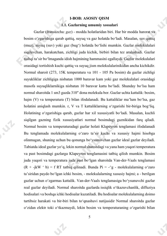 yuqori temperatura va past bosimdagi gazlarga klapeyron tenglamasini tatbiq qilish mumkin. bosim juda yuqori va temperatura juda past boʻlgan sharoitda van-der-vaals tenglamasi (r + -jkw ʻ b) = f rt tatbiq qilinadi. bunda pi = -^g - molekulalarning oʻzaro taʼsiridan paydo boʻlgan ichki bosim, - molekulalarning xususiy hajmi; a - berilgan gazlar uchun oʻzgarmas kattalik. van-der-vaals tenglamasiga boʻysunuvchi gazlar real gazlar deyiladi. normal sharoitda gazlarda issiqlik oʻtkazuvchanlik, diffuziya hodisalari va boshqa ichki hodisalar kuzatiladi. bu hodisalar molekulalarning doimo tartibsiz harakati va bir-biri bilan toʻqnashuvi natijasidir normal sharoitda gazlar oʻzidan elektr toki oʻtkazmaydi, lekin bosim va temperaturaning oʻzgarishi bilan gazlarning bu xususiyati oʻzgaradi. har qaysi real gaz oʻziga xos kritik temperatura (tk) gacha sovitilganda suyuqlikka aylanadi. mas, suv uchun tk=374,2°k, shunda suv bugʻ holatida, kislorod uchun tk=91,14°k, shunda u gaz holatida boʻladi va hokazo. gazlarning barcha turlari moddiy dunyoning ham energetik boshqaruvchisidir, chunki kislorod-azot gazlar aralashmasi yoqilgʻilarni (ichki energiyasi moʻl moddalar …