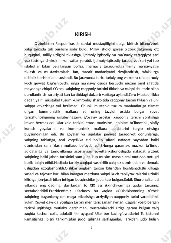 alda «turkiston» gazetasi muxbirining savollariga bergan javoblari xam kundan-kun dasturi amal kontseptual axamiyatga ega bulib, ular o`zbek tarixshunosligining xozirgi taraqqiyotini va bundan keyingi asosiy ustuvor yunalishlarini belgilab bermoqda. mavzuning o’rganilish darajasi. mustaqillik yillarida tarixchi olimlarimiz tomonidan bir talay tarixiy asarlarchop qilindi. ulardan ayrimlarini kurib chiqamiz:axmedov b. o`zbekiston xalqlari tarixi manbalari. 1991 y.axmedov b. tarixdan saboklar. 1994 y.saidkulov t. o‘rta osiyo xalqlari tarixining tarixshunosligidanlavxalar. 1993 y.karimov sh., shamsiddinov r. turkiston rusiya bosqini davrida. 1995 y.kamoliddinov s. istoricheskaya geografiya yujnogo sogda i toxaristana poaraboyazichnim istochnikam ix nachalo xiii veka. 1996 g.choirov z. turkiston mardikorlari: safarbarlik va uning okibatlari (1916-1917yillar) 1999 y.raximov j. o`zbekiston tarixini urganishda arxiv manbalaridan foydalanish. 1995y.bobobekov x. quqon tarixi. 1996 y.o`zbekiston tarixini urganish va uqitishning dolzarb masalalari. 1993 y.o`zbekistonning yangi tarixi(turkiston chor rossiyasi mustamlakachiligi davrida)2000yo‘zbekiston respublikasi fanlar akademiyasi bilan bir vaqtda uning tarkibidatarix institute tashkil etилди. bu tarix oldida qisqa bir muddat bo’lishiga qaramay, tub o’zgarishlar sodir bo’lganligi jihatidan …