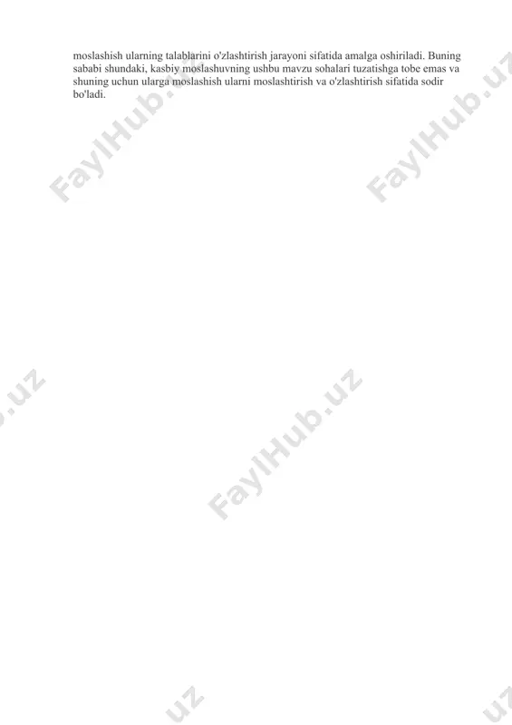 xil ish vaqti (kunduzgi, kechki va tungi smenalarning teng soni); davomiyligi - tushlik tanaffuslari tartibi. 15.10. ish va dam olish rejimi xodimlarga yil davomida to'plangan charchoqni to'liq bartaraf etish uchun yillik (rejali) ta'til berishni nazarda tutadi. 5……… mutaxassisning kasbiy moslashuvi tashqi va ichki sharoitlar bilan belgilanadi. mutaxassisning kasbiy moslashuv jarayoniga ta'sir qiluvchi tashqi sharoitlar va omillarga quyidagilar kiradi: · kasbiy faoliyat maqsadlari, tashkil etilishi, mazmuni, texnologiyalari, vositalarining xususiyatlari; · kasbiy faoliyatni amalga oshiradigan ijtimoiy va boshqa sharoitlarning o'ziga xosligi. mutaxassisning kasbiy moslashuvining ichki sharoitlari va omillari - bu uning moslashish potentsialining darajasi, shaxs va tananing fazilatlari sifatida rivojlanish va moslashuvchanlik darajasi, uning talablariga professional moslashish motivatsiyasining etarliligi. mutaxassisning kasbiy moslashuvida asosiy, hal qiluvchi rolni tashqi sharoitlar, mavzu sohalari va shaxsning kasbiy moslashuv sohalari o'ynaydi. ular mutaxassis o'zini topadigan o'ziga xos kasbiy soha sifatida ishlaydi. mutaxassisning kasbiy moslashuvi uning atrof-muhit bilan professional o'zaro munosabatlarining asosiy mavzularida amalga oshiriladi: 1. kasbiy faoliyat …