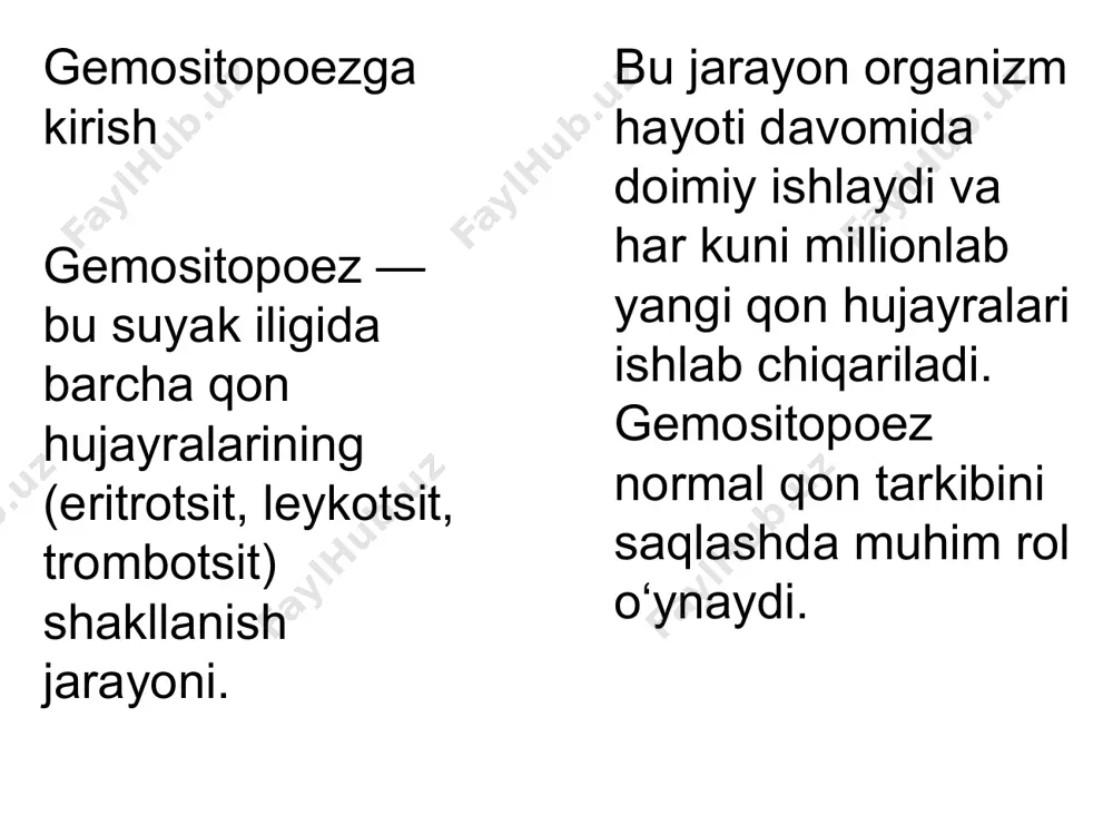 sf leykotsitopoez — bu leykotsitlar, ayniqsa granulositlar va monotsitlarning shakllanish jarayoni. • g-csf (granulosit koloniya stimulyator omil) infektsiyaga qarshi kurashda neyrofillar hosil bo‘lishini jadallashtiradi. • klinik amaliyotda g-csf kemoterapiya sababli yuzaga kelgan agranulotsitozni bartaraf etishda qo‘llaniladi. har bir eritrotsitlar leykotsitlar va trombotsitlar malum • shakl • hajm • soni • bajaradigan vazifasi o’zaro turlicha bo’lasi