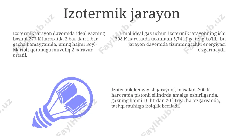 kin, bu esa jarayonning issiqlik sig'imini o'zgartiradi. masalan, n=1 bo'lganda izotermik jarayon, n=γ (adiabatik ko'rsatkich) bo'lganda esa adiabatik jarayon kuzatiladi. polítrop jarayonlarni tahlil qilishda termodinamika qonunlaridan, jumladan, birinchi termodinamika qonunidan (du = δq - δw) foydalaniladi, bu yerda du ichki energiya o'zgarishi, δq berilgan issiqlik, δw bajarilgan ishni ifodalaydi. bu jarayonlarni turli muhandislik sohalarida, masalan, pistonli dvigatellarni loyihalashda qo'llash mumkin. polítrop jarayonlar gazning kengayishi yoki siqilishi jarayonini tavsiflaydi, bu yerda bosim (p) va hajm (v) o'rtasidagi bog'liqlik pv n =c tenglamasi bilan ifodalanadi, bu yerda n – polítrop ko'rsatkichi bo'lib, 0 dan ∞ gacha o'zgaradi, masalan, adiabatic jarayon uchun n=1,4. adiabatik jarayon adiabatik jarayon, masalan, 1 kg havo massasining 25°c dan 100°c gacha tez qizishi natijasida, taxminan 100 j issiqlik almashinuvisiz sodir bo'lishi mumkin, bu esa toshkentdagi atmosfera sharoitida kuzatilishi mumkin. adiabatik jarayon davomida tizimning ichki energiyasi o'zgaradi, masalan, 2 mol ideal gaz uchun 300 k dan 400 k gacha …