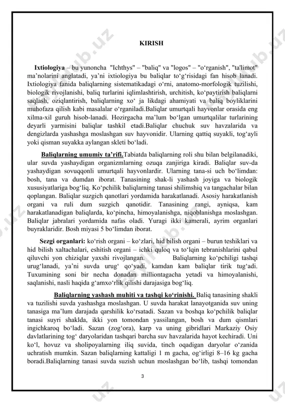 6 kg gacha boradi.baliqlarning tanasi suvda suzish uchun moslashgan bo‘lib, tashqi tomondan juda xilma-xildir. ularning tana tuzilishi yashash sharoitiga moslashuvchanligi, harakat qilishi, tashqi dushmandan himoyalanishi va ozuqalarni tutib iste’mol qilishi kabi xususiyatlari bilan bog‘liq. baliqlarning tana tuzilishi va boshqa belgilarini inobatga olib ular birnecha xilga bo‘linadi. 1. urchuqsimon. bunday ko‘rinishdagi baliqlarning boshi uchli, ponasimon, tanasi urchuqsimon bo‘lib, dum tomoniga qarab yassilanib boradi. bu guruhga yaxshi suzuvchi, suvning har qanday qatlamida yashay oladigan karp, okun, seld, los, treska kabi baliqlar kiradi. 2. nayzasimon. bunday ko‘rinishdagi baliqlarning tanasi cho‘zin choq, toq sonli suzgichlari dum tomoniga yaqin joylashgan bo‘lib, ular uzoq masofaga suzishga moslashmagan, o‘ljasini poylab kutib turadi, yaqinlashgach esa unga o‘qday otilib tashlanadi. bu guruhga cho‘rtan, soxta quruq burun, sargan kabi baliqlar kiradi. 3. tasmasimon. bunday ko‘rinishdagi baliqlarning tanasi yonboshlaridan yassilangan bo‘lib, tasmaga o‘xshaydi. ular asosan tinch suv havzalarida yashab, sekin, ilonga o‘xshab harakat qiladi. bu guruhga qilich baliqlar kiradi. 4. ilonsimon. …