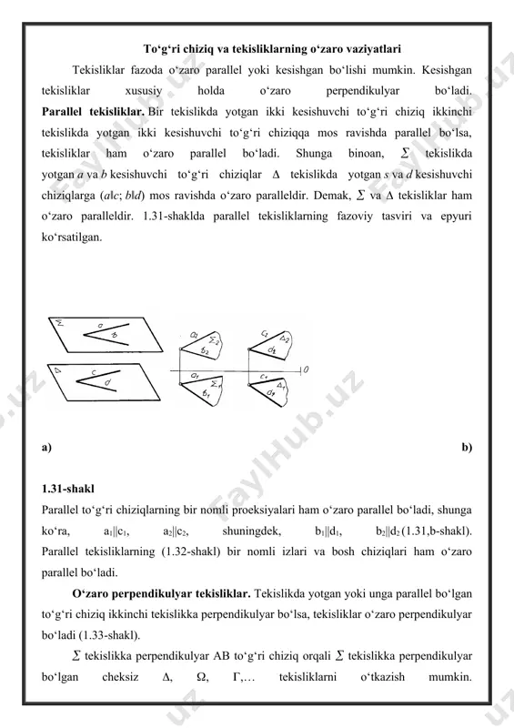 n (1.34-shakl). yechish: 1) a nuqtadan (п1,п2) tekislikka perpendikulyar qilib a to‘g‘ri chiziqni o‘tkaziladi, ya’ni a1п1, a2п2. 2) a to‘g‘ri chiziqning gorizontal va frontal izlarini aniqlanadi. 3) perpendikulyarning gorizontal n1 izidan tekislikning gorizontal izini, perpendikulyarning frontal m2 izidan esa tekislikning frontal п2 izini o‘tkaziladi. shuni esdan chiqarmaslik kerakki, tekisliklarning bir nomli izlari bir-biriga perpendikulyar bo‘lishi shart emas. proeksiyalovchi tekislik bilan umumiy vaziyatdagi tekislikning kesishishi. bu hol ikki tekislik kesishuvining xususiy holi hisoblanadi. ularning kesishuv chizig‘ini topish ancha sodda bo‘ladi, chunki kesishuv chizig‘ining bitta proeksiyasi xususiy vaziyatdagi tekislikning izlari bilan ustma-ust tushgan bo‘ladi. 1.35,a-shaklda abc uchburchak tekisligi bilan frontal proeksiyalovchi tekisligini mn(m1n1, m2n2) kesishuv chizig‘ini topish ko‘rsatilgan, bu holatda mn kesishuv chizig‘ining m2n2 frontal proeksiyasi tekisligining п2 frontal izida yotadi. 1.35,b-shaklda berilgan ikki kesishuvchi abc va def uchburchak tekisliklaridan biri def gorizontal proeksiyalovchi tekislik bo‘lib, ularning mn kesishuv chizig‘ining m1n1 gorizontal proeksiyasi def tekislikning d1e1f1 gorizontal proeksiyasi bilan ustma-ust tushadi. a) …