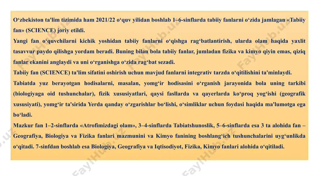 u so‘zlar asosida «naturfilosofiya» yoki «tabiat falsafasi» degan so‘z bo‘lib chiqadi. tabiatshunoslik-tabiatdagi turli hodisa va jarayonlami obyektiv bilimlaming rivojlanishini va uni insonning ta’sir kuchi bilan tizimga soladi. tabiatshunoslikda kuzatish, tajriba o‘tkazish yordamida fanlarni o‘rganadi, uning natijasi dunyoning tabiiy-ilmiy ko‘rinishini ilmiy bilimlami bir tizimga soladi. tabiatshunoslikning asosiy qoidalari tabiat iqlimini emperik kuzatuvdan o‘tkazishdir.tabiatshunoslikni ongli ravishda organik va noorganikka bo‘lamiz, aslida, tabiatdagi narsalar tirik va notirikka bo‘linadi. tabiatshunoslikda quyidagi zanjir hosil bo‘ladi. fizika, kimyo noorganik (notirik tabiat) organik (tirik tabiat) biologiya. tabiatdagi hodisalar quyidagi tartibda boradi: astronomiya geologiya geografiya biologiya. bu fanlar tabiatshuiioslikning poydevori bo‘lib hisoblanadi, ammo bugun yangi-yangi lim bo‘g‘imlari paydo bo‘lmoqda, shunday yangi bo‘g‘im-psixologiya fani hisoblanadi, unda ko‘pgina tushunchalar aql, ong bilan idrok etiladi. tabiatshunoslikning uchta bosh yo‘nalishi bor. 1. juda katta, kengni o ‘rganish. 2. juda kichkinani o ‘rganish. 3. juda murakkabni o ‘rganish. juda kattani astronomiya fani o‘rganadi, astronomik asboblar yortlamida borliqni o‘rganib, bizni nima kutayapti, biz borliq …