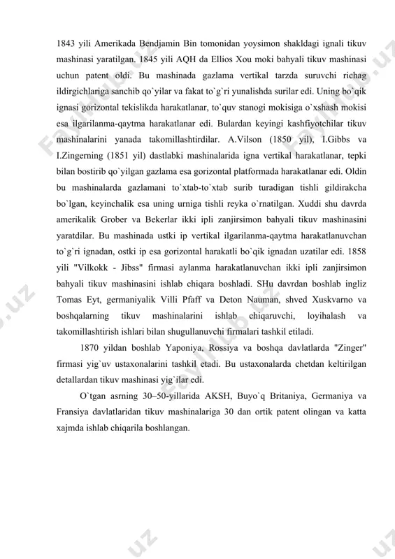 kadar asosan charm va tikuvchilik mashsulotlarini tayyorlashga mo`ljallangan moki bahyali maishiy va sanoat tikuv mashinalarini ishlab chiqarayapti. "shtrobel" (germaniya) firmasining 200 dan ortik turli tipdagi ko`rinmas chok hosil qilib tikuvchi mashinalari ko`p davlatlarda, jumladan, mamlakatimiz yengil sanoati korxonalarida keng qo`llanilmokda. zanjirsimon bahyali tikuv mashinalari amerikada "yunion spetsial", yarimavtomatik ravishda ishlaydigan tikuvchilik sanoati mashinalari esa "riss" firmalarida ishlab chiqarilishi yo`lga qo`yilgan. "rimoldi" (italiya) firmasida ishlab chiqarilayotgan bir, ikki va ko`p ipli zanjirsimon bahyali takomillashtirilgan, avtomatik boshqaruvli va murakkab texnologik jarayonlarni bajaruvchi maxsus tikuv mashinalarida tikish sifatini nazorat qiluvchi elektron qurilmalar o`rnatilgan (2-rasm). 2-rasm. "rimoldi" (italiya) firmasi avtomatik boshqaruvli murakkab texnologik jarayonlarni bajaruvchi tikuv mashinalari. "torrington" firmasida esa barcha ko`rinishdagi tikuv mashinalari uchun ignalar tayyorlanadi. keyingi 25–30 yil ichida yaponiyada tikuvchilik sanoati mashinasozligi ancha rivojlandi. "yamoto", "juki", "kansai spetsial", "seyko" firmalarida pnevmatik va elektron mexanikaviy qurilmali avtomatik va yarimavtomatik mashinalar, avtomatik boshqaruvli tizimlar katta xajmda ishlab chiqarilayapti. "juki" firmasining zanjirsimon bahyali yurmab …
