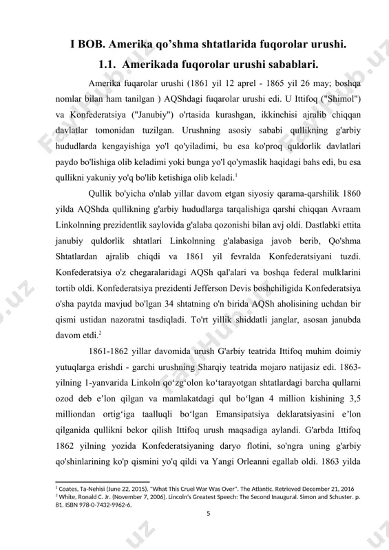 konfederatsiya shtatlarini qo'shma shtatlarga qaytarish va ozod qilingan qullarga fuqarolik huquqlarini berishga urinishda.[footnoteref:4] [4: dougherty, keith l.; heckelman, jac c. (2008). "voting on slavery at the constitutional convention". public choice. 136 (3–4): 293. doi:10.1007/s11127-008-9297-7. s2cid 14103553.] fuqarolar urushi aqsh tarixidagi eng ko'p o'rganilgan va yozilgan epizodlardan biridir. madaniy va tarixshunoslik munozaralari mavzusi bo'lib qolmoqda. konfederatsiyaning yo'qolgan sababi haqidagi davomli afsona alohida qiziqish uyg'otadi. amerika fuqarolik urushi sanoat urushidan foydalangan birinchi urushlardan biri edi. urush paytida temir yo'llar, telegraf, paroxodlar, temir kemalar va ommaviy ishlab chiqarilgan qurollar keng qo'llanilgan. umuman olganda, urush 620 000 dan 750 000 gacha askarni o'ldirdi va noma'lum miqdordagi tinch aholi halok bo'ldi., fuqarolar urushi amerika tarixidagi eng halokatli harbiy mojaroga aylandi. fuqarolar urushining texnologiyasi va shafqatsizligi kelgusi jahon urushlarini bashorat qildi. janubiy shtatlarning ajralib chiqish qarori ortidagi sabablar murakkab va tarixan ziddiyatli edi; ko'pchilik akademik olimlar qullikni urushning asosiy sababi deb bilishadi. buning sabablari urushning turli …