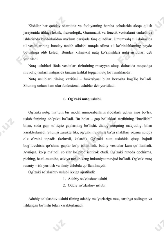 grammatik xususiyatlar 2. rasmiy uslub. rasmiy (ish yuritish) uslubga hisob-statik organlar, sud, adliya, fuqarolik holatlarini qayd etuvchi va notarial idoralar, prokuratura, ichki ishlar va boshqa vazirliklarning, idora, muassasa, tashkilotlarning, ayrim shaxslarning rasmiy hujjatlari nota, qaror, farmon, ko`rsatma, qo`llanma, konstitutsiya, hukm, ajrim, shartnoma, tavsiya, izohnomalar va ariza, shikoyat, axborot, majlis bayoni, tilxat, tarjimai hol, ishonchnoma, guvohnoma, e’lon, dalolatnoma, ma’lumotnoma, hisobot kabilarning til xususiyatlari kiradi. rasmiy ish yuritish uslubining asosiy xususiyatlari quyidagilardir: 1) badiiy tasvir vositalar bo`lmaydi; 2) uslub leksikasi kitobiy va xolis so`zlardan iborat bo`ladi: uslubda professional terminologiya mavjud bo`ladi; 3) eskirgan so`z va iboralar o`rni bilan ishlatiladi; 4) quyidagi grammatik xususiyatlar mavjud bo`ladi; a) tilga olinayotgan kishilar o`z nomi bilan atalmasdan, buning o`rniga ularning belgisi yoki biror harakati, bir narsaga munosabatini ifodalovchi otlar ishlatiladi; ijrochi, guvoh, da’vogar, jabrlanuvchi, ijaraga oluvchi va h. b) noaniqlikka yo`l qo`ymaslik maqsadida, odatda, otlar olmosh bilan almashtirilmaydi; c) fe’lning ishlatilishi boshqa stillardagiga qaraganda, ayniqsa, farqlanib …