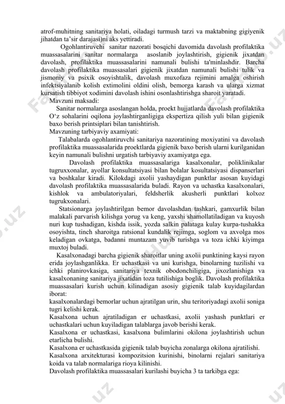 i olish. 5. yurak tomir kasallikllari va ularning oldini olish. 6. sog`lom turmush tarzi-salomatlik garovi. 7. shikastlanish va uning oldini olish. 8. uzoq umr ko`rish asoslari. 9. giyo`vandlik-asr vabosi. «tibbiyot» mavzusida o`tkaziladigan savol-javob kechalari juda ommalashgan. tinglovchilar savollar berishadi, turli so`adagi shifokorlar va kechani tashkil yetgan tibbiyot hamshiralari javob berishadi. ular ko`rinarli joyga oldindan yehlon, afisha va savollar yozilgan hatlar tashlanadigan quticha osib qo`yishadi. sexlar, oshxonalar, klublarda o`tkaziladigan kechalar to`g`risida yeslatishadi, savollar yig`ib javoblar tayyorlashadi, kechada ham savollar beriladi. matbuot-aholi bilan ishlash uchun juda qulay va ancha oson usuldir. uning yeng keng tarqalgan shakllari: broshyura, kitob, jurnal, kalendar, varaqa, sanitariya byulleteni, yesdalik, shior, buklet, gazeta, (markaziy, mahalliy , devoriy), savol-javoblar taxtasi va boshqalardir. ularning ko`pchiligini aholi matbuotdan, kitob do`konlaridan sotib olishi, kutubxonalar, o`quv zallarida o`qishi, obuna bo`lib olishi mumkin. davolash muassasalarida bemorlar stollar ustiga yoyib qo`yilgan nashrdan chiqqan har xil ma’lumotlarni o`qish imkoniga ega bo`ladilar va h.k. sanitariya devoriy gazetalari …
