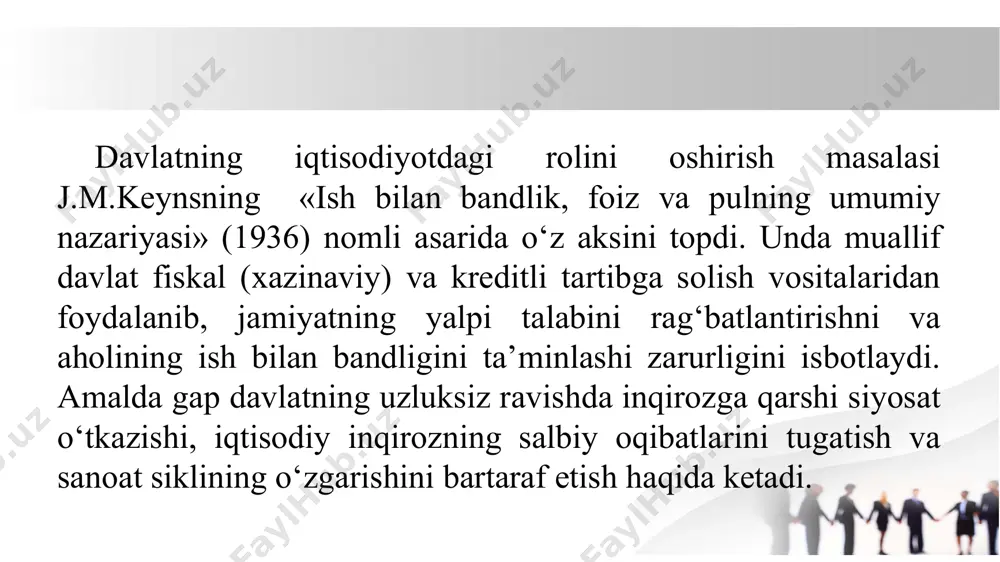 qarish va makroiqtisodiy barqarorlikni saqlash. davlat byudjetining tarkibi davlat byudjeti ikki asosiy qismdan iborat: byudjet daromadlari byudjet xarajatlari byudjet daromadlari bu davlatning turli manbalardan tushadigan mablag‘larini o‘z ichiga oladi. ular quyidagi asosiy qismlarga bo‘linadi: soliq tushumlari – davlat byudjetining asosiy daromad manbai. u quyidagilardan iborat: qo‘shilgan qiymat solig‘i (qqs), daromad solig‘i, aksiz soliqlari yer, mol-mulk va h.k byudjet daromadlari nodavlat daromadlar – davlatning soliqsiz tushumlari: davlat mulkidan tushgan daromadlar (ijara, dividendlar) davlat monopoliyalaridan tushgan daromadlar davlat boji va yig‘imlari byudjet daromadlari tashqi va ichki qarzlar – hukumatning xalqaro moliyaviy tashkilotlardan yoki mahalliy bozor orqali olgan qarzlari. grantlar va yordamlar – xalqaro tashkilotlar va boshqa davlatlardan olinadigan moliyaviy yordamlar. byudjet xarajatlari byudjet xarajatlari davlat tomonidan bajariladigan vazifalarni moliyalashtirish uchun ishlatiladi. u quyidagi yo‘nalishlarga bo‘linadi: 🛡 ijtimoiy soha xarajatlari – davlat budjetining eng katta qismini tashkil qiladi: ta’lim, sog‘liqni saqlash, pensiya va ijtimoiy yordam, madaniyat va sport byudjet xarajatlari 🏗 iqtisodiy rivojlanish …