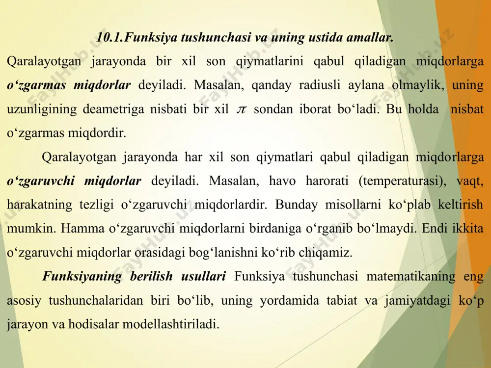 ‘lgandagina x ning har bir qiymatiga mos keladi gan y ning qiymati haqiqiy bo‘ladi. bu tengsizliklar sistemasidan, 4,3  xx bњlib, ya’ni 43 x bo‘lishini topamiz. demak, berilgan funksiyaning aniqlanish sohasi   4,3 bo‘ladi. funksiya ta’rifida keltirilgan x o‘zgaruvchining har bir qiymatiga mos qo‘yiladigan y ni aniqlovchi qoida yoki qonun turlicha bo‘lishi mumkin. demak, funksiyaning berilishi ham turlichadir. funksiya analitik, jadval va grafik hamda kompyuter usullari yordamida berilishi mumkin: 1) funksiyaning analitik usul bilan berilishida, x o‘zgaruvchining har bir qiymatiga mos keladigan y ning qiymati, x argument ustida algebraik amallarning bajarilishi natijasida, ya’ni formulalar yordamida beriladi. masalan, )3(log,3, 3 5 ,1 2 1 2 23      xyy x x yxy x ; 1) o‘zgaruvchilar orasidagi bog‘lanish jadval ko‘rinishida berilishi mumkin. masalan, kuzatish natijasida sutni yopiq idishda qizdirilganda 1 p bosim ostida uning qaynash temperaturasi 21 ,pt bosim ostida qaynash temperat urasi 2 t va h.k. …