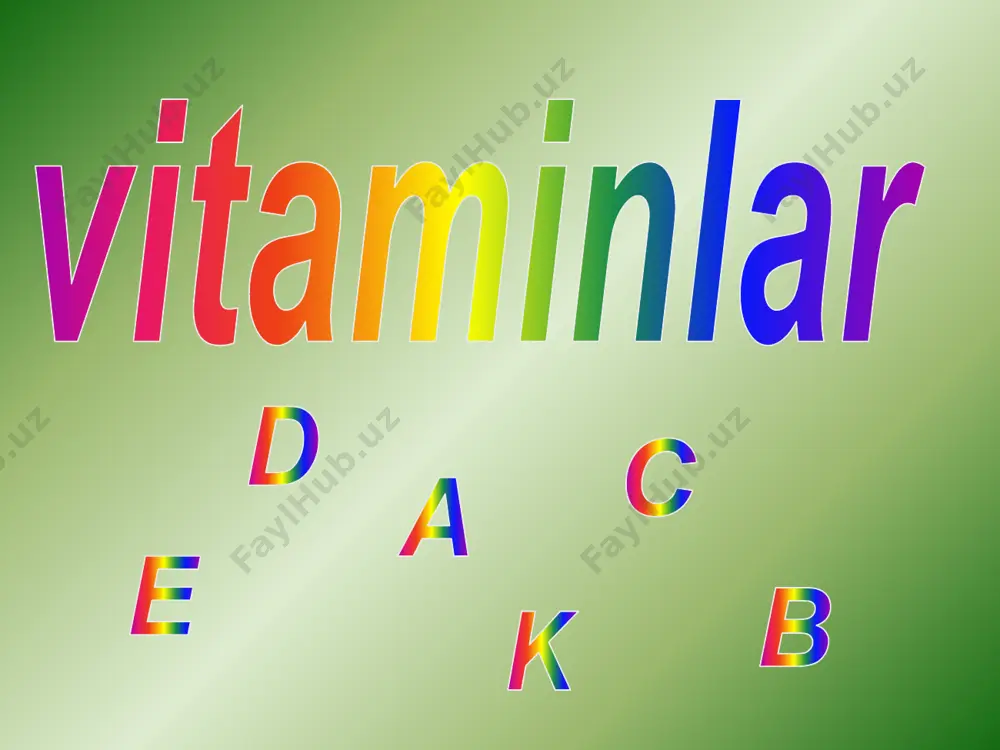 ktsiyalari vitamin kunlik talab funksiyalar askorbin kislotasi (vitamin c) 50-100 mg (o'rtacha 70) oksidlanish-qaytarilish reaktsiyalarida ishtirok etadi, tananing ekstremal ta'sirlarga chidamliligini oshiradi tiamin (anevrin, vitamin bj) 1,4-2,4 mg (o'rtacha 1,7) markaziy va periferik asab tizimining normal ishlashi uchun zarur. yog 'va uglevod almashinuvining regulyatori riboflavin (vitamin b2 ) 1,5-3,0 mg (o'rtacha 2,0) oksidlanish-qaytarilish reaksiyalarida ishtirok etadi piridoksin (vitamin b 6 ) 2,0-2,2 mg (o'rtacha 2,0) aminokislotalarning sintezi va metabolizmida, yog 'kislotalari va to'yinmagan lipidlarning metabolizmida ishtirok etadi. niatsin (pp vitamini) 15,0–25,0 mg (o‘rtacha 19,0) hujayralarda oksidlanish-qaytarilish reaksiyalarida ishtirok etadi. kamchilik pellagrani keltirib chiqaradi folik kislota (folatsin) (vitamin b 9 ) 200 mkg gematopoetik omil, bitta uglerodli radikallarning tashuvchisi, aminokislotalar, nuklein kislotalar, xolin sintezida ishtirok etadi. siyanokobal-amin (vitamin b 12 ) 2-5 mkg (o'rtacha 3) nuklein kislotalar, xolin, lesitin biosintezida ishtirok etadi. gematopoez va yog 'almashinuvi omili biotin (vitamin h) 50-300 mkg (o'rtacha 150) karboksillanish reaksiyalarida, aminokislotalar, lipidlar, uglevodlar, nuklein kislotalar …