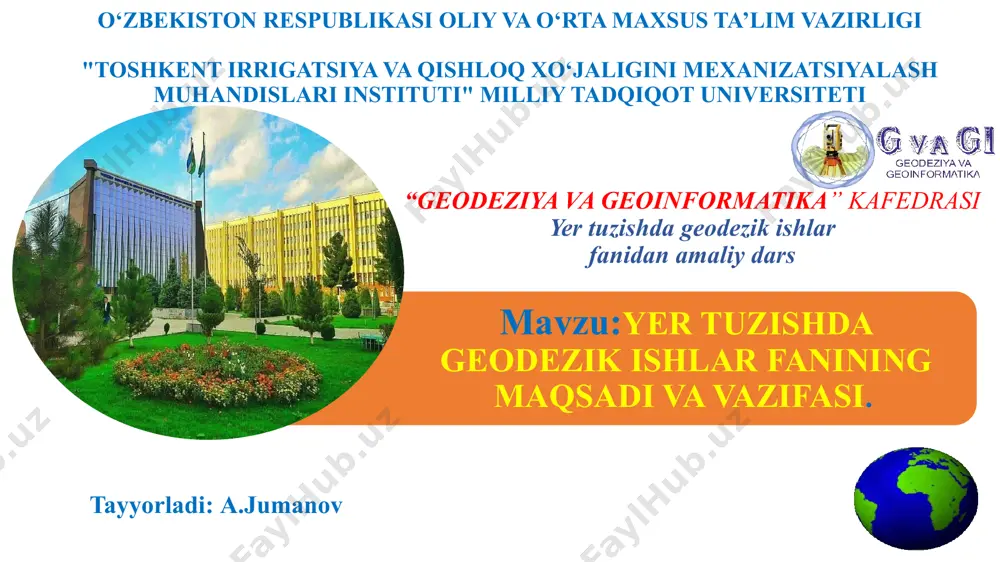 , yerdan foydalanuvchilar, ijarachilar va mulkdorlar oʻrtasidagi taqsimoti toʻgʻrisidagi maʼlumotlar hamda xujjatlar majmui. yangi yerdan foydalanishlarni tashkil etish va tuman rejalashtirish sxemasini tartibga solish hamda tuman rejalashtirish sxemasi asosida yerdan foydalanuvchilar chegaralarini aniqlash; qishloq xo‘jaligi korxonalarining ichki xo‘jalik xududini tashkil qilish, almashlab ekishlarni joriy etish; qishloq xo‘jaligi va boshqa xalq xo‘jaligidagi sohalar uchun yangi yerlarni ochish; yer uchastkalarni ajratish, olib qolish va h.k. yer kadastri «davlat yer kadastri toʻgʻrisida»gi oʻzbekiston respublikasining qonuni (1998-y. 28 avg.) va ushbu qonunga oid meʼyoriy hujjatlar, yoʻriqnoma va uslubiy koʻrsatmalar asosida yer uchastkalariga boʻlgan huquqlarning kafolatlarini taʼminlash, yerlardan oqilona foydalanish, ularni qayta tiklash va muhofaza qilish uchun kadastr maʼlumotlaridan foydalanishning huquqiy asoslarini belgilashga qaratilgan davlat tadbirlar tizimi hisoblanadi. yer kadastriga doir axborotlarni bir tizimga solinishi ularni saqlash, tahlil qilish va yangilab turish ishlarini ham oʻz ichiga oladi. yer kadastrini yuritish quyidagi tamoyillarga asoslaniladi: mamlakat yer fondinn toʻla qamrab olish, fazoviy koordinatalarning yagona tizimini qoʻllash, axborotlar …