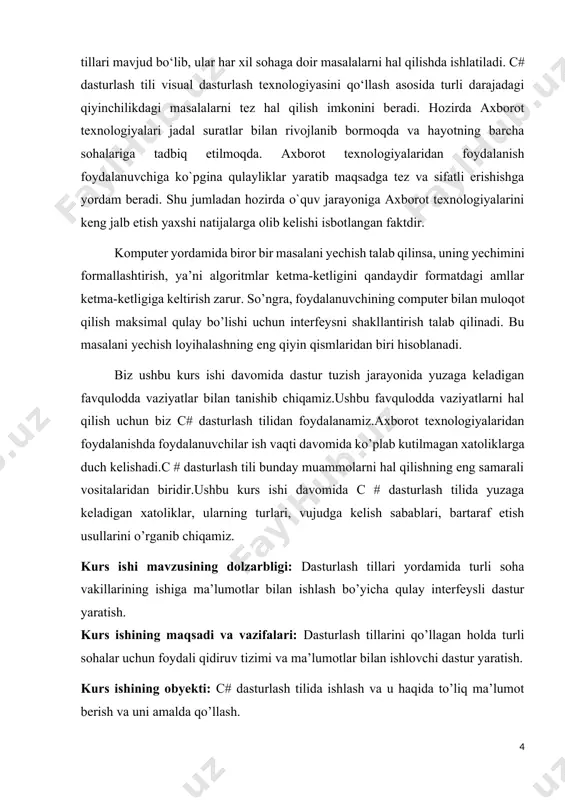 jadal sur’atlar bilan rivojlanayotgan bir paytda c# dasturlash tilining imkoniyatlari ham kengayib bormoqda. c# dasturlash tili hozirg kunda quydagi yo’nalishda qo’llaniladi: · mobil ilovalar · komputer uchun ilovalar · veb-ilovlar · veb-xizmatlar · o’yinlar · ma’lumotlar bazasi dasturlari · boshqa sohalarda nima uchun c # dasturlash tilidan foydalanish kerak? · bu dunyodagi eng mashhur dasturlash tillaridan biri · o'rganish va undan foydalanish oson · c# ni ishlatadigan ulkan ishlab chiquvchilar jamoasi mavjud, ya'ni internetda c# ni o'rganish va o'zingizni qiziqtirgan savollarga javob olish uchun juda ko'p manbalar mavjud. · c # - bu ob'ektlarga yo'naltirilgan dasturlash tili, bu dasturlarga aniq tuzilma beradi va kodni qayta ishlatishga imkon beradi va rivojlanish xarajatlarini kamaytiradi · c# - c, c++ va java-ga yaqin bo'lganligi sababli dasturchilarning c# ga yoki aksincha c# dan u tillarga o'tishi oson bo’ladi. biz visual studio daturini https://visualstudio.microsoft.com/ saytidan 2019 community versiyasini bepul yuklab olishimiz mumkin. bu versiya aynan …