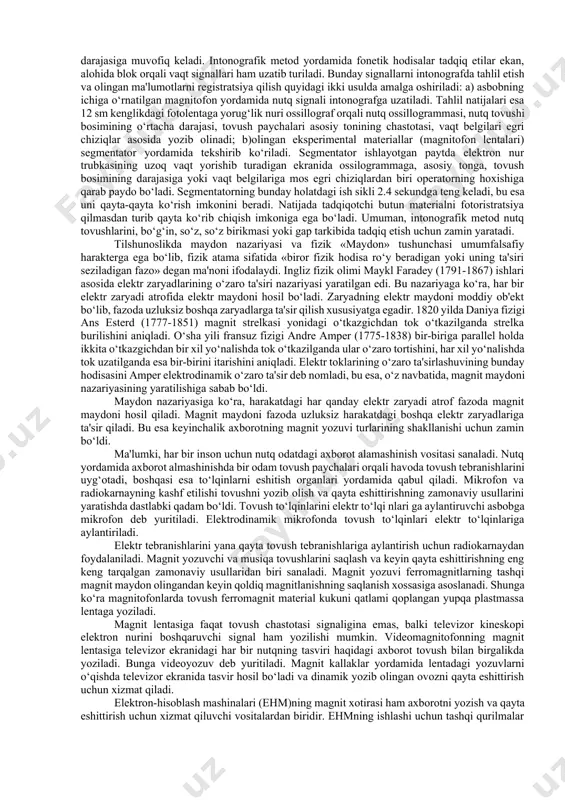 zimki, yuqori chastotali tebranishlar yuksak tondagi tebranishlar sifatida, past chastotali tebranishlar esa past tondagi tovushlar sifatida quloqqa yetib boradi. yuqori va past tebranishdagi tovush tebranishlari oralig‘idagi masofa oktava deb yuritiladi. garmonik qonunga bo‘ysunmaydigan tovush tebranishlari ham bor. ularni inson tembrga ega bo‘lgan murakkab tovush sifatida qabul qiladi. shuning uchun ham tonning balandligi bir xil bo‘lsa ham, g‘ijjak va pianino asboblaridan chiqadigan tovushlar tembriga ko‘ra farq qiladi. agar jismning xususiy erkin tebranishlari chastotasi tovush to‘lqinining chastotasi bilan birga kelsa akustik rezonans hodisasi yuzaga keladi. masalan, puflab chalinadigan cholg‘u asboblarining, jumladan, organning trubalari akustik rezonator vazifasini bajaradi. fizikaning akustika sohasiga tegishli ma'lumotlar fonetikada, ayniqsa, nutq tovushlari tizimini o‘qitishda muhim ahamiyat kasb etadi. fonetikani o‘rganishda tajribaviy usullar orasida nutq tovushlarining fizik, fiziologik jihatlarini aniqlash uchun muayyan fizik asboblardan, mashinalardan foydalanish usuli keng tarqalgandir. hozirgi kunda nutq tovushlarining bevosita kuzatishda, oddiy eshitish yo‘li bilan aniqlash mumkin bo‘lmagan ma'lum jihatlarini tegishli tajribaga asoslanib o‘rganadigan maxsus …