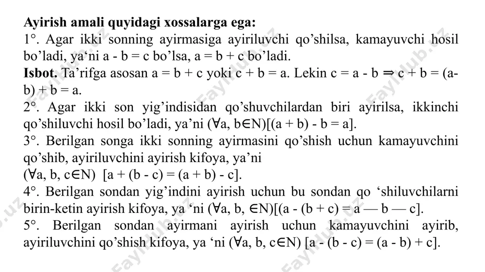 ng qisqaruvchanligi 8 quyidagi ayirmani hisoblashda ayirmaning qaysi qoidasidan foydaliniladi 215-(83+37)? sondan yigindini ayirish yig`indidan sonni ayirish ayirmaning mavjudligi sharti kopaytmaning ayirmaga nisbatan distributivligi 9 kopaytirish va qoshish uchun umumiy xossani belgilang yig`indidan sonni ayirish orin almashtirish orin almashtirish, guruhlash taqsimot, guruhlash 10 quyida qanday qonundan foydalanildi? (12∙30):15=12∙(30:15)=12∙2=24 yig`indini va ko`paytmani songa bo`lish qoidalari ko`paytmani songa bo`lish qoidasi sonni yig`indiga bo`lish qoidasi sonni ko`paytmaga bo`lish qoidasi 11 quyida qanday qonundan foydalanildi? (220+140):10=220:10+140:10=22+14=36 yig`indini songa bo`lish qoidasi ko`paytmani songa bo`lish qoidasi yig`indini va ko`paytmani songa bo`lish qoidalari sonni yig`indiga bo`lish qoidasi image1.png image2.png image3.png image4.png image5.png image6.png image7.png /docprops/thumbnail.jpeg
