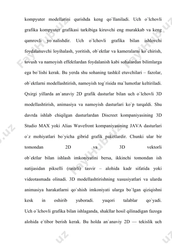 fazoni bukuvchilar (space warps) ob`ektlarga tashqi kuchlar ta`sirini ifodalaydi, bu – ma`lum ob`ektlarga ta`sir ko`rsatuvchi kuchlar maydoni deformasiyasi, yoki ob`ekt bo`laklarini sochib yuboruvchi zarbdor to`lqinlarni keltirish mumkin. materiallar sirtning namoyishi xususiyatlarini, ya`ni sirtning sahna yoritilganligi bilan munosabatini aniqlaydi. sirtlarning quyidagi xususiyatlari materiallarning yorug`lik bilan munosabatini aniqlaydi: — rang (color); — shaffoflik (transparency); — silliqlik (shiness) — nurning sinish koeffisenti (refractive index) . rang va shaf foflik nur sochilishni aniqlaydi. sinish koef fisenti va silliqlik yordaraida sirtdan shu` lalar va nurli oynaviy qaynatish aniqlanadi. material rangini tanlashda quyidagilarni hisobga olish kerak: — materialni aniq rangini aniqlash. — rangning to`qliq dara jasi. — rangning yorug`lik dara jasi. to'plamning ilk versiyasi 3d studio dos nomi ostida 1990-yilda ishlab chiqarilgan. to'plam ishlab chiqarilishi ustida dasturchi gari yost asos solgan yost group mustaqil studiyasi shug'ullanardi. autodesk boshida faqat to'plam ishlab chiqaridh bilan shug'ullanardi. ma'nbalarda keltirilishicha gari yost o'sha davrdagi autodesk yangi loyihalari bo'yicha direktori erik …