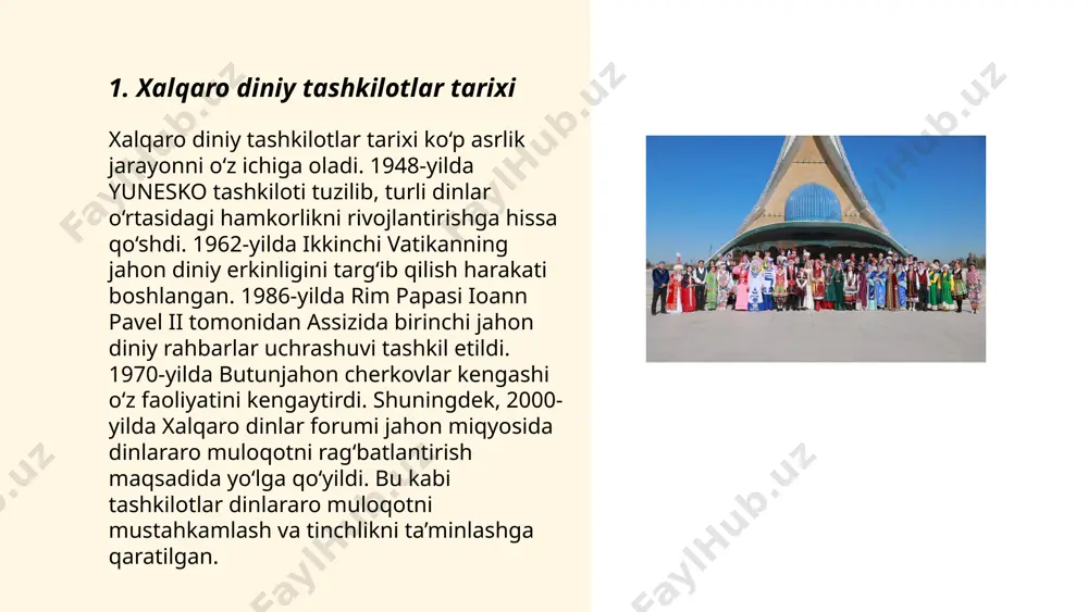 t bilan hamkorlik qilgan holda, diniy tashkilotlar fojeali vaziyatlarda kuniga 500 mingdan ortiq insonni qutqaradi yoki ularga yordam beradi. 60% holatlarda, diniy tashkilotlar ijtimoiy adolat va tinchlikni ta'minlash uchun mahalliy hamjamiyatlarni birlashtiruvchi platforma sifatida ishlaydi. xalqaro diniy tashkilot sqlimov islom e'tiboringiz uchun raxmat! image1.png image2.png image3.png image4.jpg image5.png image6.jpg /docprops/thumbnail.jpeg