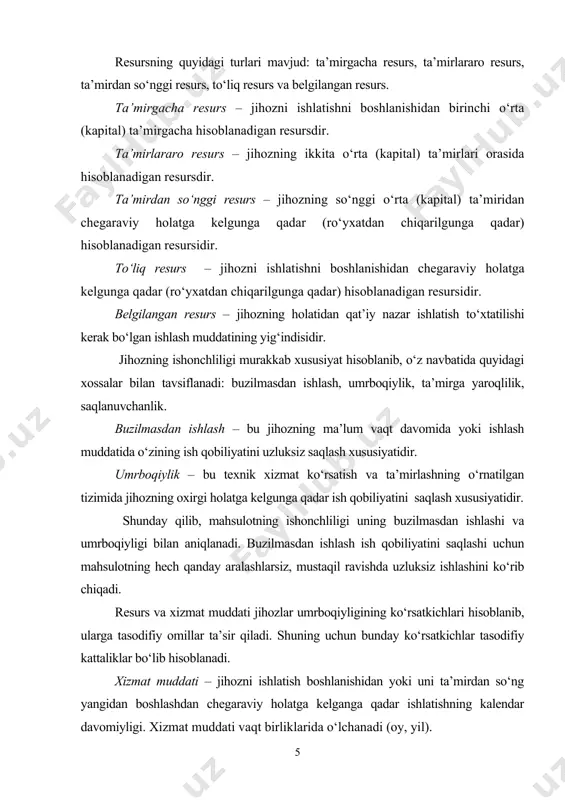 akkab xususiyat hisoblanib, o‘z navbatida quyidagi xossalar bilan tavsiflanadi: buzilmasdan ishlash, umrboqiylik, ta’mirga yaroqlilik, saqlanuvchanlik. buzilmasdan ishlash – bu jihozning ma’lum vaqt davomida yoki ishlash muddatida o‘zining ish qobiliyatini uzluksiz saqlash xususiyatidir. umrboqiylik – bu texnik xizmat ko‘rsatish va ta’mirlashning o‘rnatilgan tizimida jihozning oxirgi holatga kelgunga qadar ish qobiliyatini saqlash xususiyatidir. shunday qilib, mahsulotning ishonchliligi uning buzilmasdan ishlashi va umrboqiyligi bilan aniqlanadi. buzilmasdan ishlash ish qobiliyatini saqlashi uchun mahsulotning hech qanday aralashlarsiz, mustaqil ravishda uzluksiz ishlashini ko‘rib chiqadi. resurs va xizmat muddati jihozlar umrboqiyligining ko‘rsatkichlari hisoblanib, ularga tasodifiy omillar ta’sir qiladi. shuning uchun bunday ko‘rsatkichlar tasodifiy kattaliklar bo‘lib hisoblanadi. xizmat muddati – jihozni ishlatish boshlanishidan yoki uni ta’mirdan so‘ng yangidan boshlashdan chegaraviy holatga kelganga qadar ishlatishning kalendar davomiyligi. xizmat muddati vaqt birliklarida o‘lchanadi (oy, yil). ta’mirga yaroqlilik – jihozning texnik xizmat ko‘rsatish va ta’mirlash yo‘li bilan ish qobiliyatini tiklash va saqlashga moslashganligi xossalaridir. saqlanuvchanlik – saqlash davomida va undan so‘ng …