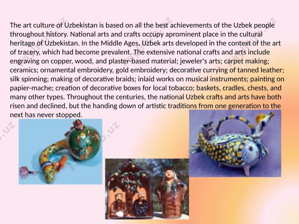 al arts and crafts of uzbekistan are the original and exclusive creativity of folk artists and artisans who pass their skills from seniors to juniors. by investing a piece of the soul in each thing, they for centuries have created unique examples of products: whether it is a house utensil or a home decoration, a unique fabric for a festive dress or special utensils. the creations of fergana, samarkand, bukhara, khiva and other masters have long been famous far beyond their homeland. their works continue to arouse interest among lovers of beauty from all over the world. various schools of embroidered suzane and ceramics, uzbek pictures on leather, skullcaps of various kinds and purposes, uzbek national knives-pichoks, silk and wool carpets, souvenirs of papier-mache, wooden items, uzbek jewelry, wonderful works from iron, which for many centuries are being created by the hands of local craftsmen and masters make up the …
