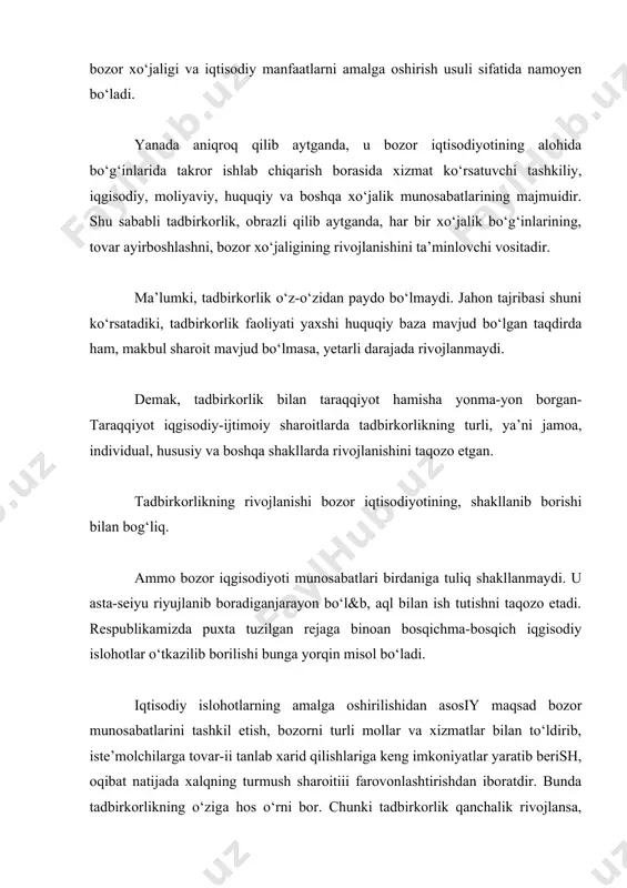 abul qilingan "tadbirkor-lik faoliyati erkinligining kafolatlari to‘grisida"gi qonuni mamlakatimizda tadbirkorlikni rivojlangarish ishining huquqiy tayanchidir[1] • tadbirkorlik to‘g‘risidagi mazkur qonunda fuqaroiarning ishbilarmonligini oshirish, tadbirkorlik faoliyati erkin-ligini butun choralar bilan himoya qilish va tadbirkorlikni rivojlantirishning huquqiy kafolatlari belgilandi va tad-birkorlarimizning jahon bozorlariga o‘z toshrlari bmlak kirib borishlariga har tomonlama kulay imkoniyat yaratildi. 2-§. tadbirkorlik huquqining asosiy tamoyillari respublikamizda tadbirkorlikning asosiy maqsadi iqtisodiyotning ko‘p qirrali yo‘nalishini ta’minlash, ishlab chiqarishni iste’molchilarning talab va ehtiyojiga moslash, taqchillikni, qimmatchilikni yengib o‘tish, fuqorolarning iqgisodiy faoliyat sohasidagi erkinligani ta’minlash, har bir kishining shaxsiy qobiliyatini qadrlash va tadbirkorlik sohasidagi ularning boy imkoniyatlari ochilishiga, yuksak unumdorlik va tashabbuskorlik bilan mehnat qilishlariga shart-sharoit yaratib berishdan iborat. tadbirkor faoliyati faqat qonun doirasida bo‘lishi kerak. bu yuqorida ta’kiddanganidek, har bir tadbirkor respublikamizda hozir amalda bo‘lgan qonunlarga mos faoliyat bilan shugullanishga haqli ekanligini anglatadi. tadbirkor biron foyda yoki daromad olish maqsadida tovar ishlab chiqarish yoki maishiy qulaylik yaratish bilan bog‘liq faoliyat bilan shug‘ullanar ekan, …