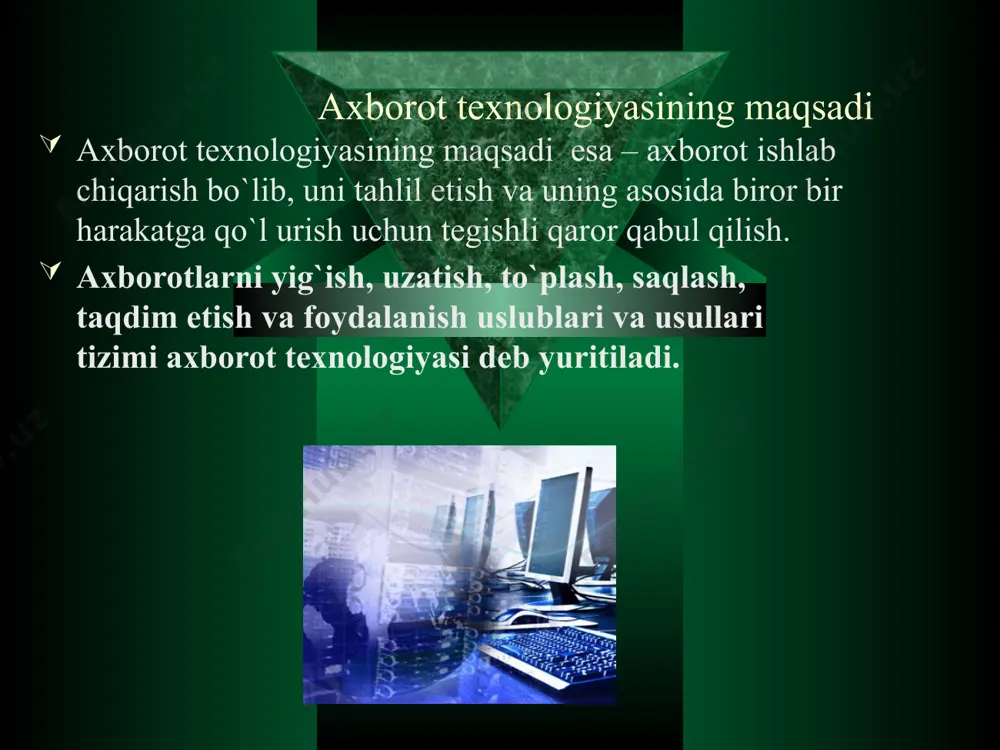 n davlatlarda axborotlarni diskret signal shaklda uzatuvchi va kabul kiluvchi radioperedatchik va radiopriyomnik, telivizorlar xamda televizion uzatuvchi vositalar yaratilib, ulardan keng foydalanilmokda. agarda diskret televidiniya bilan oddiy televidiniyani solishtirsak, birinchisining imkoniyatlarini yakkol kurishimiz mumkin. zamonaviy axborot texnologiyalarining hozirgi kundagi o’rni, qo’llanilishi va kelajakdagi istiqbollari mpx registrlarda kuriladi va mashinaning yukori tezligini ta’minlashga xizmat kiladi, chunkiasosiy xotira (ax) tez ishlovchi mikroprosessor ishining samaradorligi uchun zarur bulgan axborotni yozib olish, izlash va xisoblash tezligini xar doim xam ta’minlay olmaydi. registrlar-turli uzunlikdagi tez xarakatlanuvchi xotira uyachalaridir; mikroprosessorning interfes tizimi-shkning boshka moslamalar bilan boglikligi va alokasini amalga oshiradi;mp ning ichki interfeys, kirish-chikish portlari(kchp)boshkarishning buferli yodda tutuvchi registr va chizmalari, tizimli shinani uz ichiga oladi. interfeys-kompyuter moslamasining bogliklik va aloka vositalari yigindisi bulib, ularning uzaro samarali alokasini ta’minlaydi. taktli impulslar generatori elektrik impulslar izchilligini yuzaga keltiradi; yuzaga keltirilgan impulslar chastotasi mashinaning taktli chastotasini belgilaydi. mashina ishining bir takt vaktini yoki oddiy aytganda mashina ish taktini …